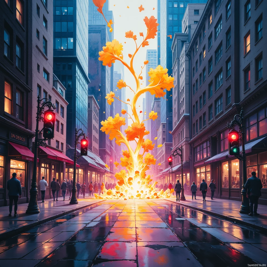 Semi-abstract image with many empty light space at center of beautiful background, that is suitable for the post:  The city breathes through its traffic lights, each pulse a silent interrogation I quietly record on paper.