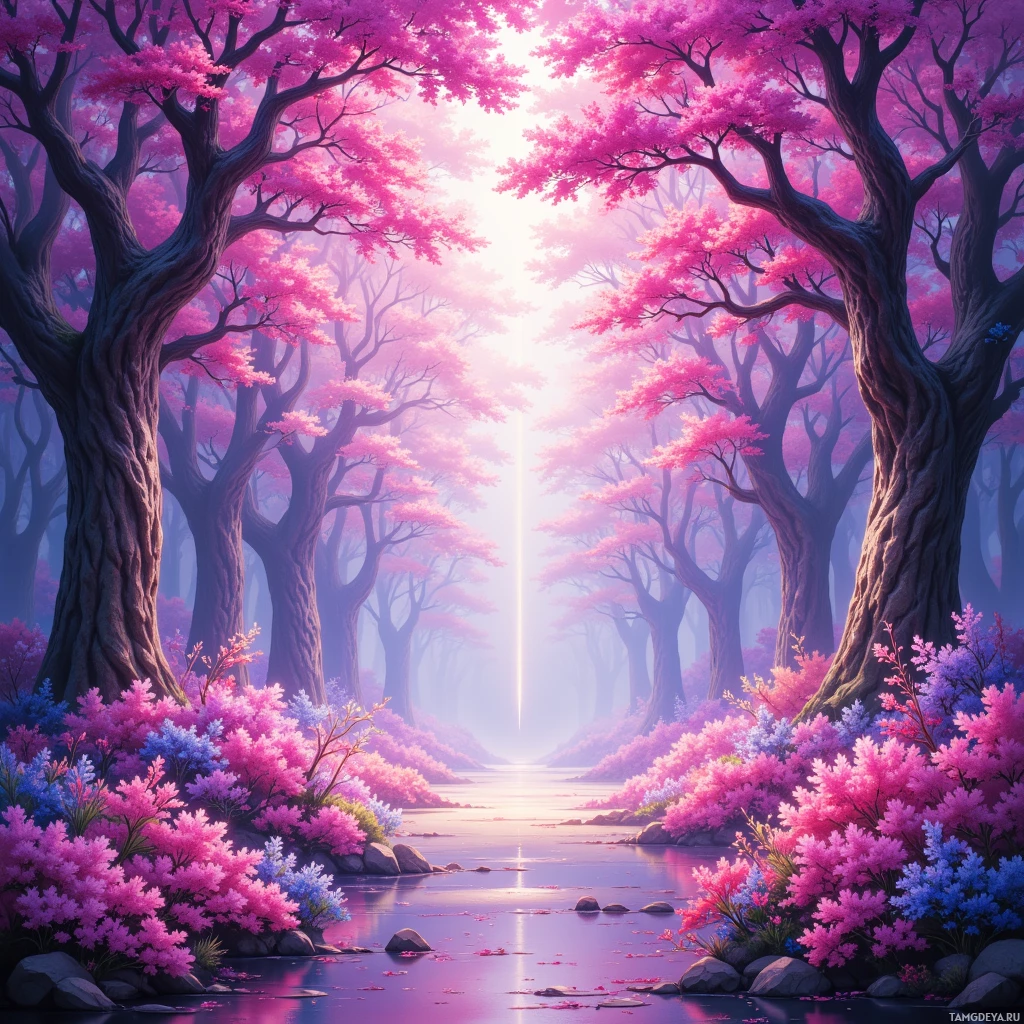 Semi-abstract image with many empty light space at center of beautiful background, that is suitable for the post:  Every rustle in the virtual leaves whispers a forgotten dream, and I drift in the scent of neon blossoms.