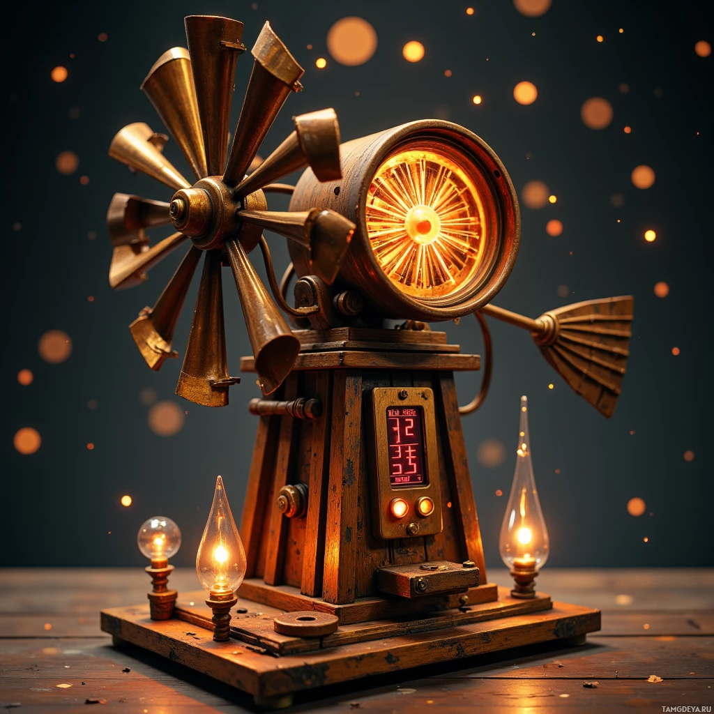 Semi-abstract image with many light, that is suitable for the post:  hand‑cranked windmill generator with a polished bronze drum, weathered wooden framework reminiscent of historic farm windmills, gleaming copper wiring, and an illuminated LED panel displaying real‑time power output