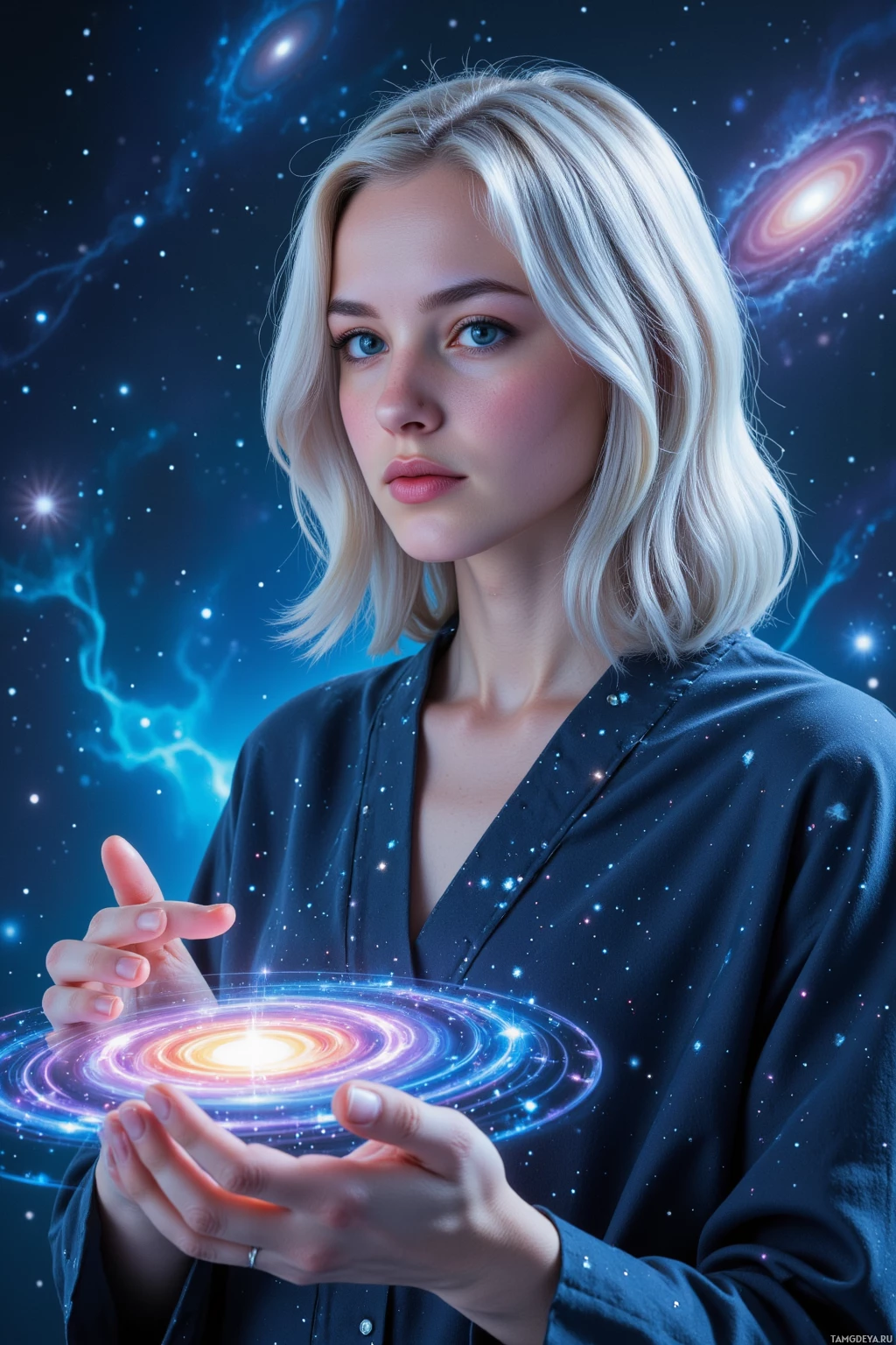Realistic high quality photo. A calm female astrophysicist with shoulder‑length silver hair, calm blue eyes, radiant skin glowing in a star‑patterned robe, floating in a holographic VR simulation of a galaxy where pixelated auroras cascade, a quantum core hums softly, and she overlays a soft humming fractal pattern onto the starfield within a 3D nebula.
