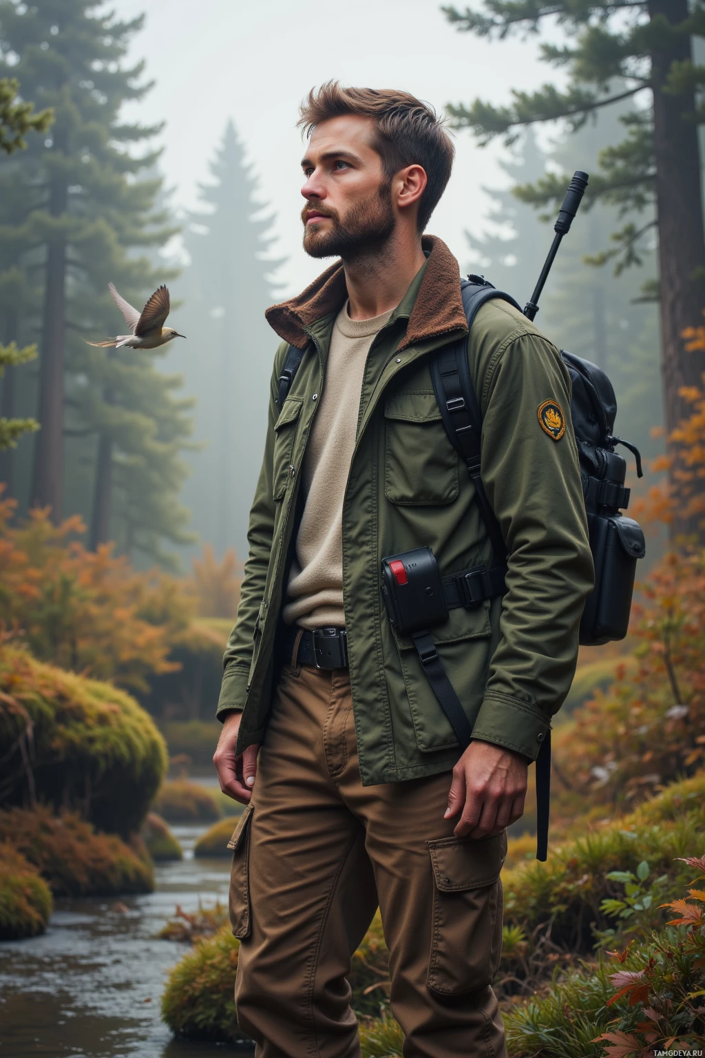 Realistic high quality photo. A 30‑year‑old man with short dark brown hair, neatly trimmed beard and calm green eyes, wearing an olive green flannel shirt over a beige thermal, rugged brown trousers and sturdy hiking boots, stands in a mist‑shrouded ravine at dawn with his camera tripod steady as he watches a silver‑throated warbler pause for a breath before flight.