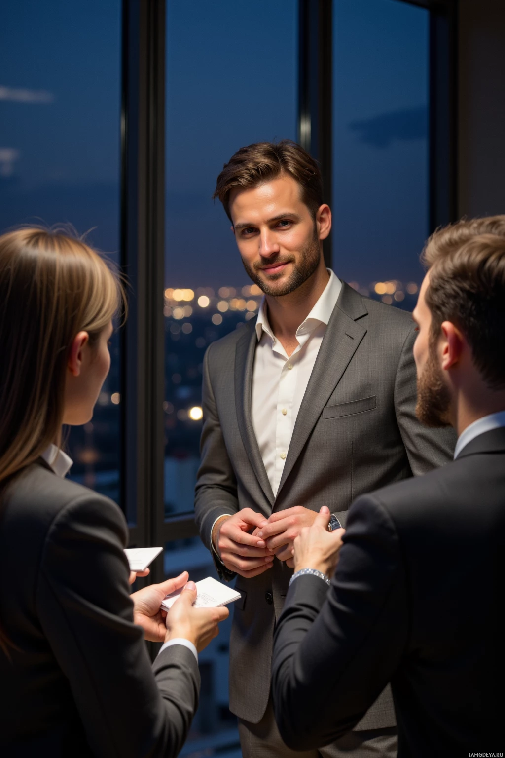 Realistic high quality photo. An attentive 31‑year‑old man with short light brown hair and clear blue eyes, wearing a sharply tailored light gray suit and crisp white shirt, stands in a dimly lit conference lounge with glass walls, observing adults exchanging business cards while he displays a polished smile, with city lights visible through the glass at night.
