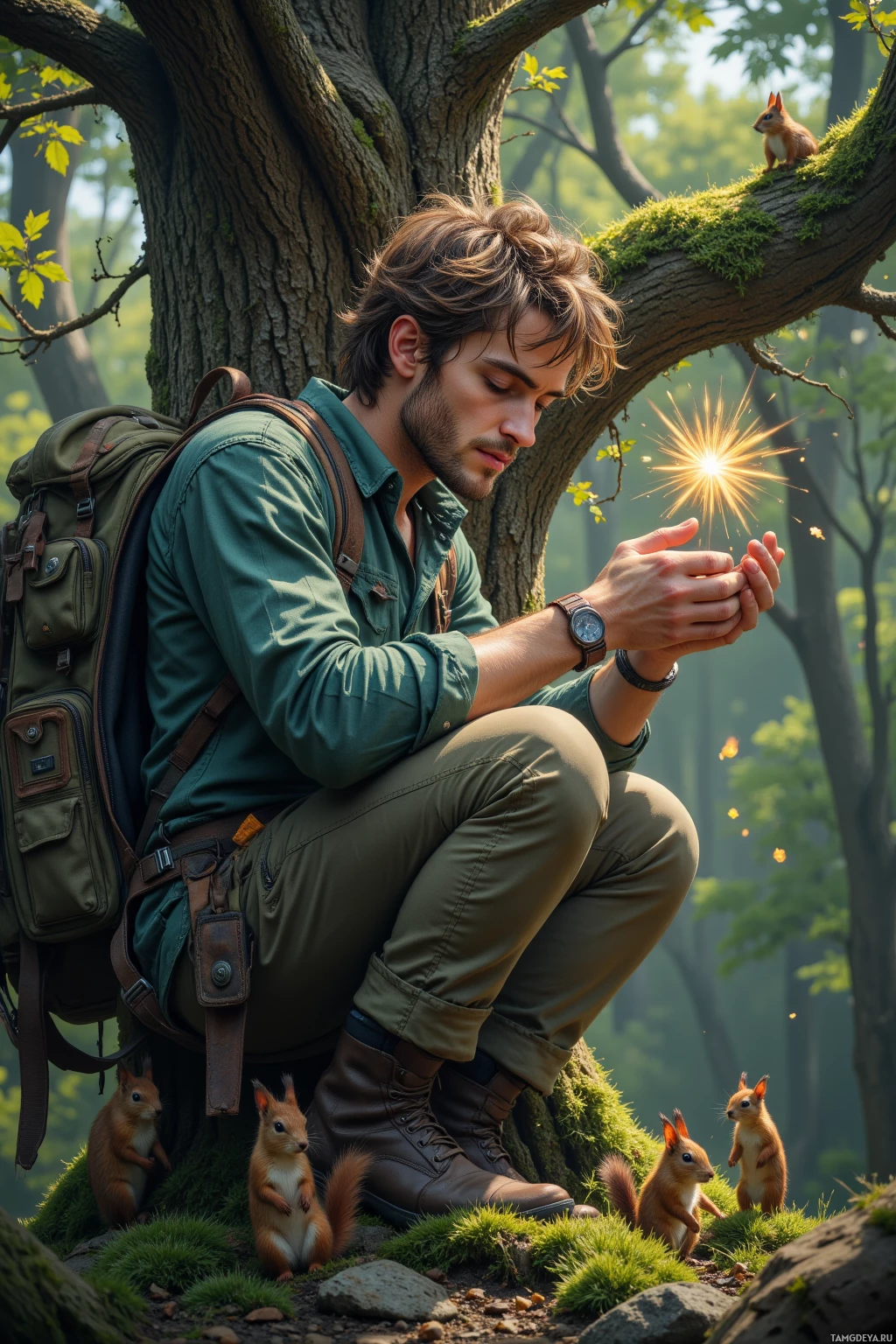 Realistic high quality photo. Quiet male forest dweller with messy brown hair woven with twigs and leaves, piercing blue eyes, wearing a worn green flannel shirt, cargo pants, weathered backpack full of botanical tools, standing beneath an ancient oak draped in a 47-layer moss cushion while squirrels sporting bark hats watch him as he fumbles with a camera to catch a blinking firefly under dappled twilight.
