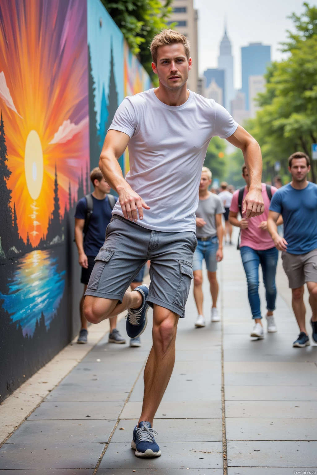 Realistic high quality photo. young man, 27, short blonde hair, bright blue eyes, fair skin, wearing a fitted T‑shirt, casual sports shorts and sneakers, dancing energetically on a sidewalk beside a vibrant sunrise mural along a riverbank trail, tourists laughing around, him chasing them for a photo, afternoon light in a modern city setting.
