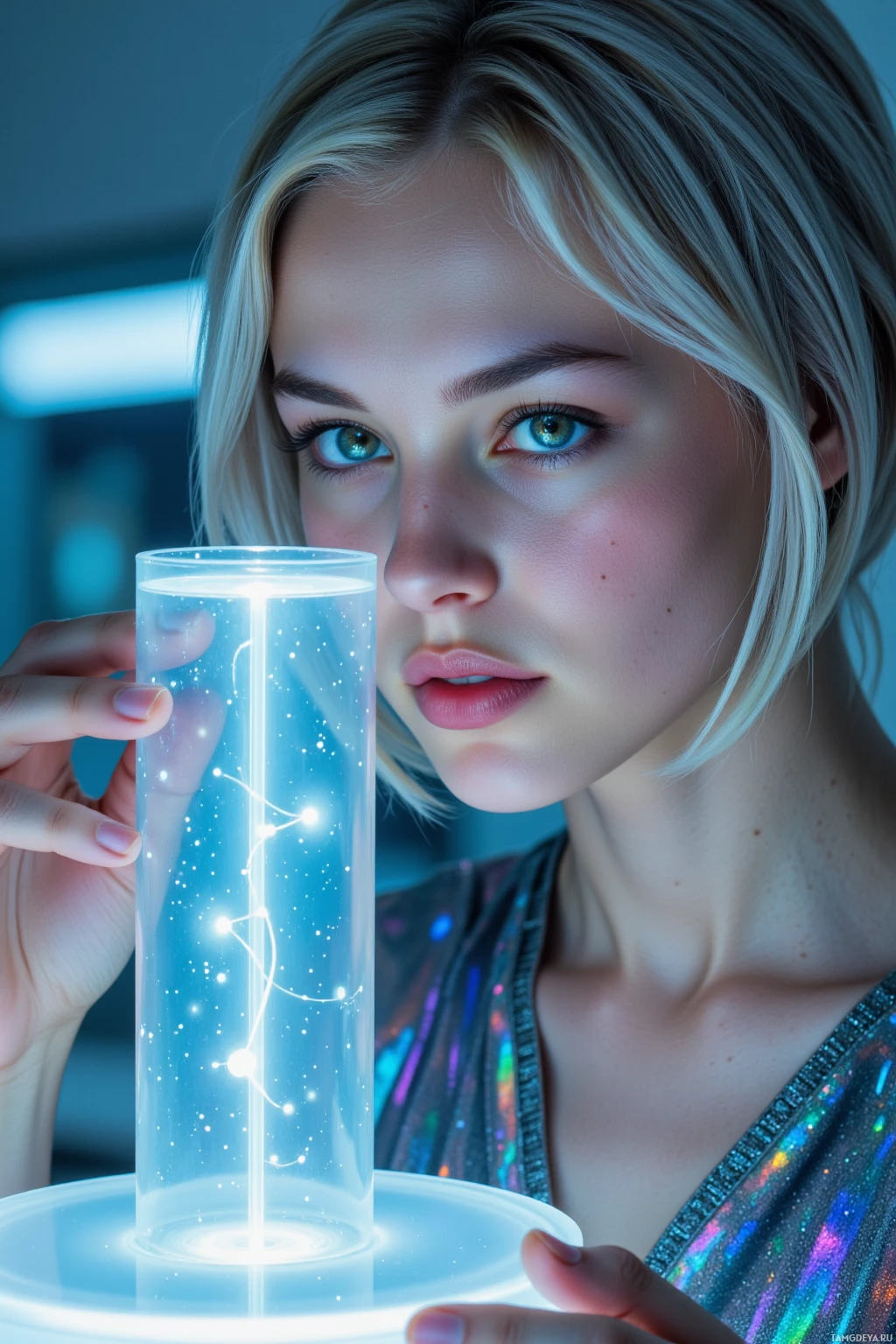 Realistic high quality photo. 28‑year‑old woman with short silver hair, deep green eyes, pale radiant skin, wearing a shimmering holographic dress with iridescent patterns, intensely focused as she calibrates a quantum biology instrument in a high‑tech lab, watching a translucent sample chamber emit subtle oscillations and holographic data flashing against soft blue ambient light.