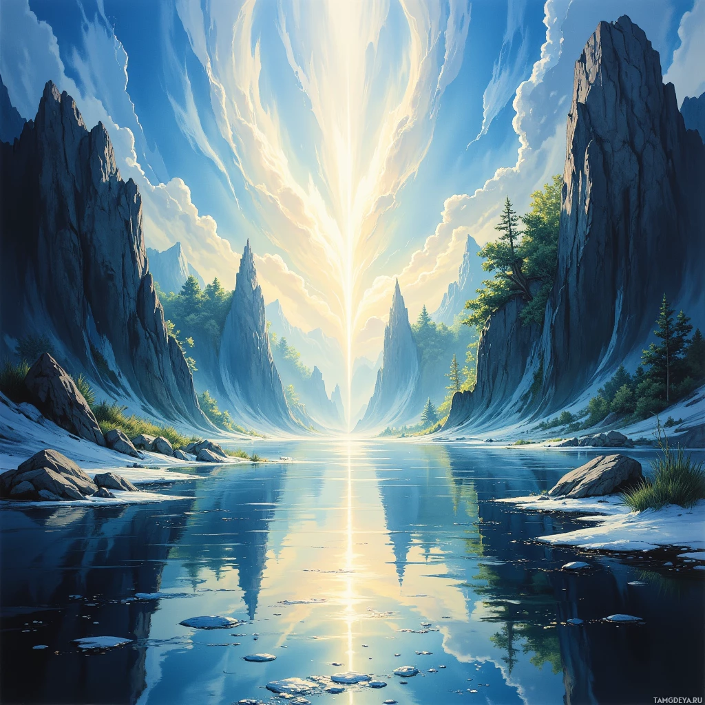 Semi-abstract image with many empty light space at center of beautiful background, that is suitable for the post:  The river's stubborn current mirrors my method: steady, unyielding, carving its own path without heed to the wind.