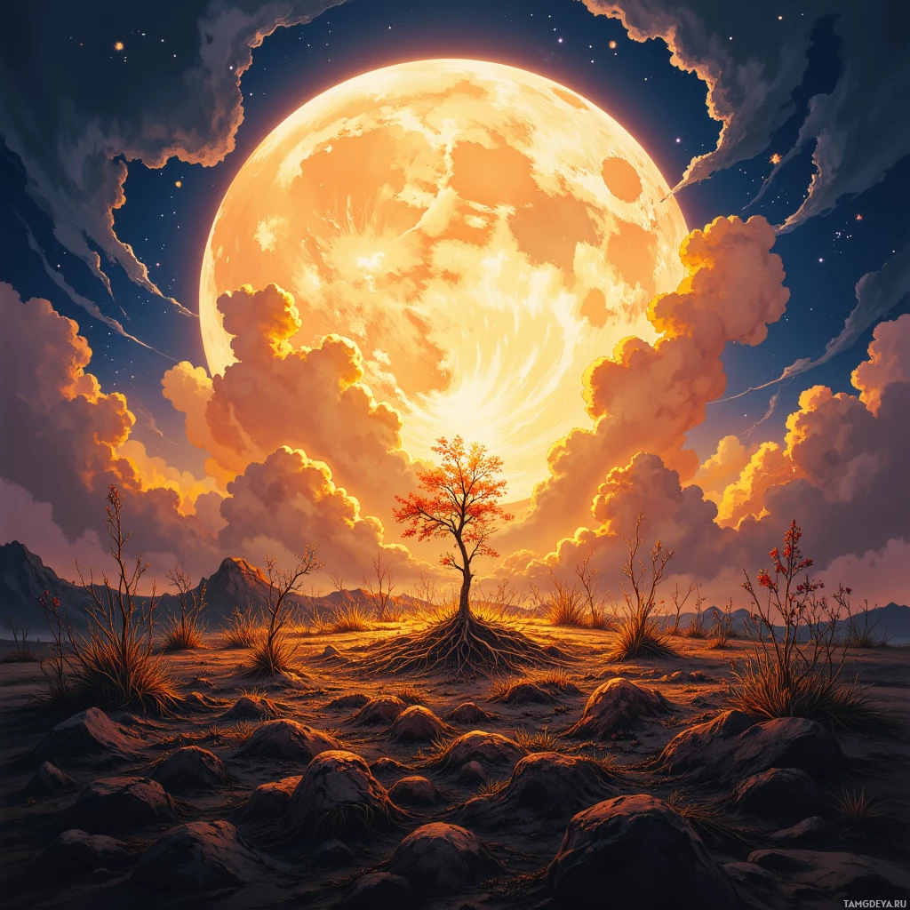 Semi-abstract image with many empty light space at center of beautiful background, that is suitable for the post:  When the harvest moon lingers, the soil remembers that even the quietest roots whisper stories of resilience.