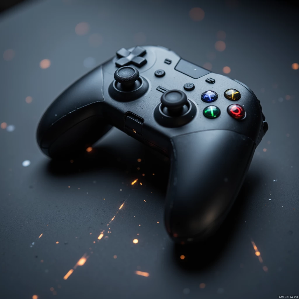 Semi-abstract image with many light, that is suitable for the post:  Matte-black, wrist‑mounted AR controller shaped like a miniature suit of armor, featuring subtle micro‑LED strips that glow when activated, integrated haptic vibration nodes, and sleek ergonomic contours.