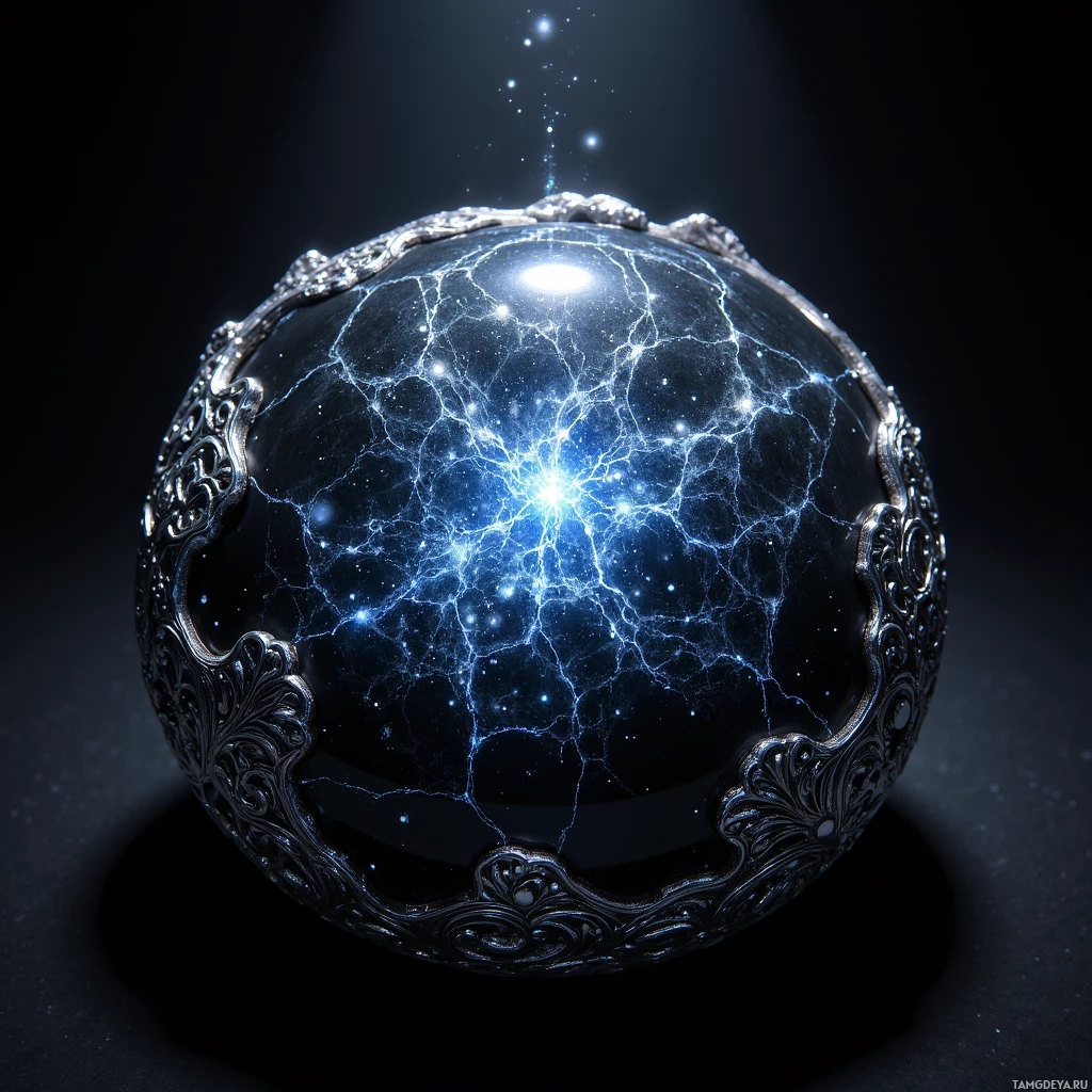 Semi-abstract image with many light, that is suitable for the post:  black obsidian crystal lens with intricate silver filigree, surface rippling like liquid midnight, emitting a subtle spectral glow revealing micro‑engraved codes, smooth polished obsidian with metallic filigree edges and faint humming aura, handheld size.