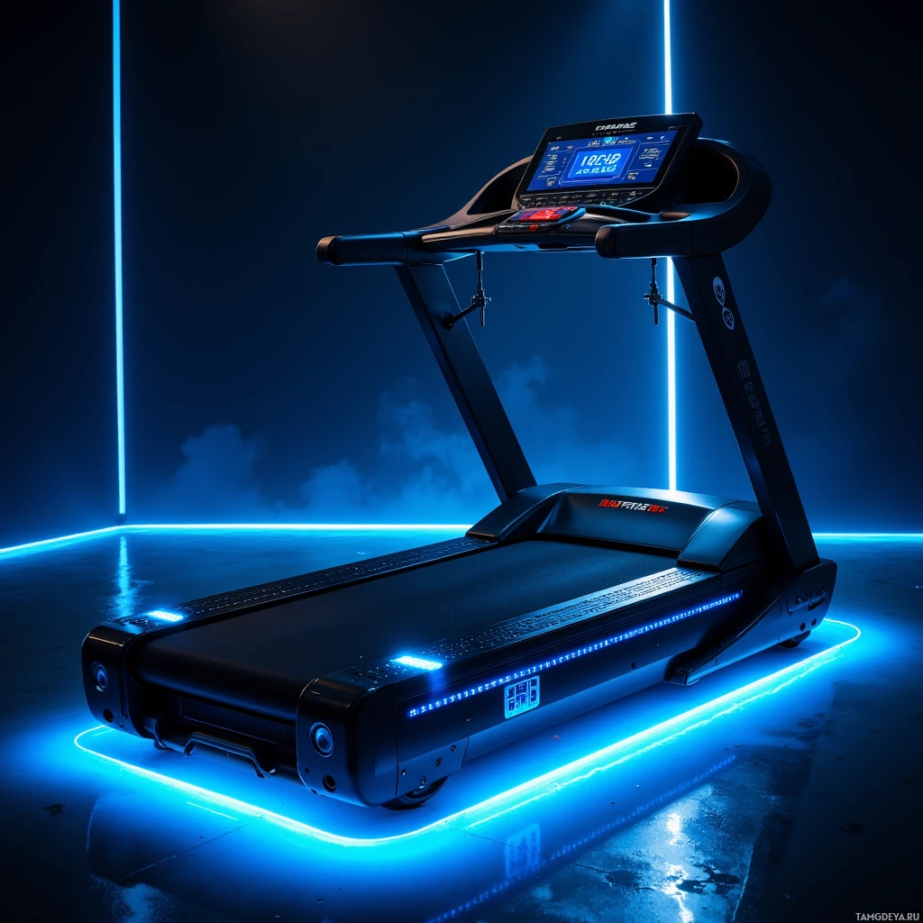 Semi-abstract image with many light, that is suitable for the post:  sleek black treadmill with glossy aluminum chassis, integrated blue LED belt lighting, a floating touch panel projecting speed and distance onto the floor, minimalist futuristic high‑tech design.