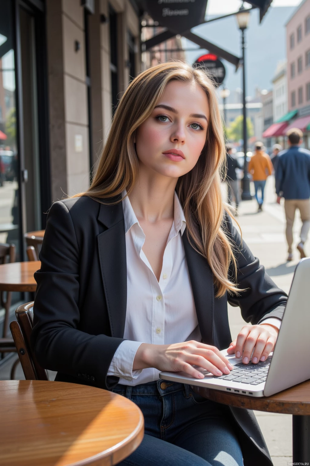 Realistic high quality photo. A 28‑year‑old woman with long light brown hair, piercing blue eyes, wearing a tailored blazer over a crisp white blouse and dark jeans, sits at a quiet corner café table with a laptop open, drafting a pitch deck while watching passersby on a modern city street at noon, sunlight streaming through the café windows, focused and determined.