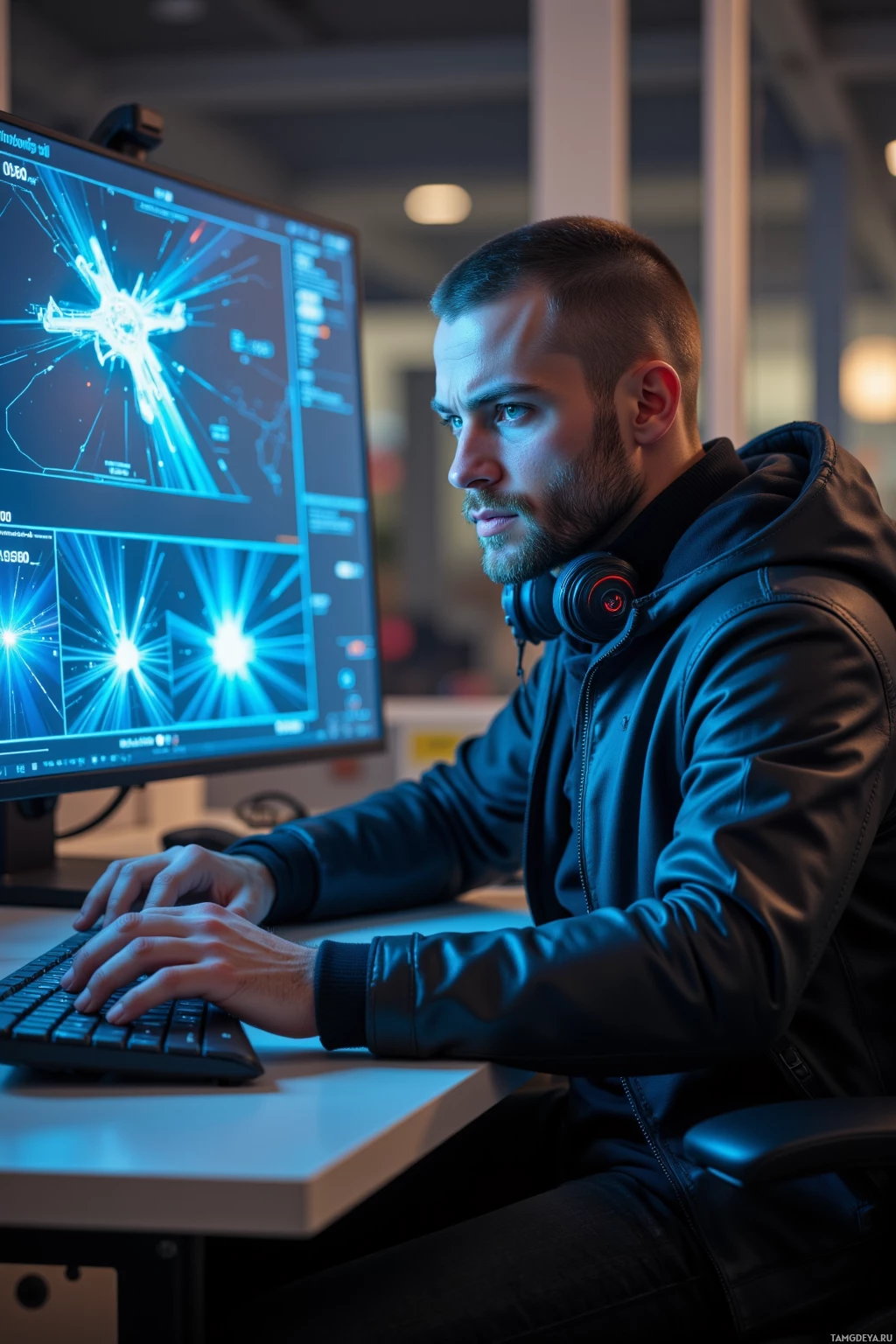 Realistic high quality photo. Male, 24, buzzcut, piercing blue eyes, athletic build, wearing a sleek pilot jacket, intensely focused at a modern high‑tech workstation with holographic drone simulation displays and floating data streams, headset in hand, late‑evening office glow, expression of mild frustration as he tweaks code.