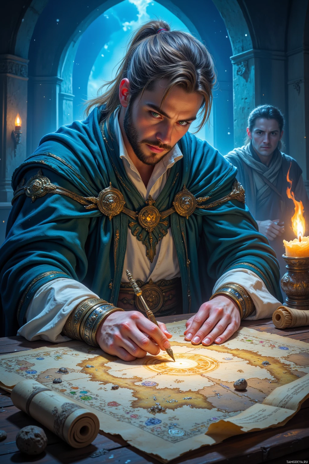 Realistic high quality photo. Male scholar, 38, tall, light brown hair in neat ponytail, green eyes, wearing elegant flowing robes with subtle arcane symbols, tracing faded glyphs on a weathered map beneath dreamlike twilight, stars swirling overhead, glowing scrolls nearby, companions looking distracted in the background, serene scholarly focus in a mystical night setting.