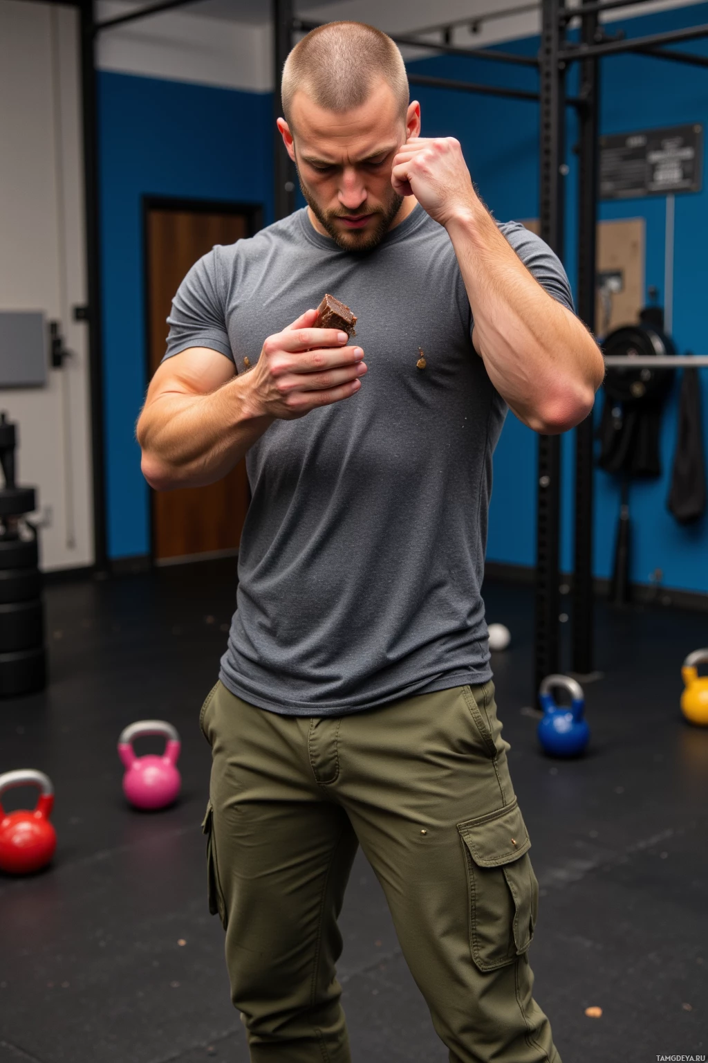 Realistic high quality photo. Man in his 30s with brown buzz cut and blue eyes, wearing olive‑green tactical pants and fitted gray performance shirt, stands on a gym floor after an intense burpee circuit, wiping sweat from brow, offering chocolate squares to teammates while a kettlebell beeps softly in the background.