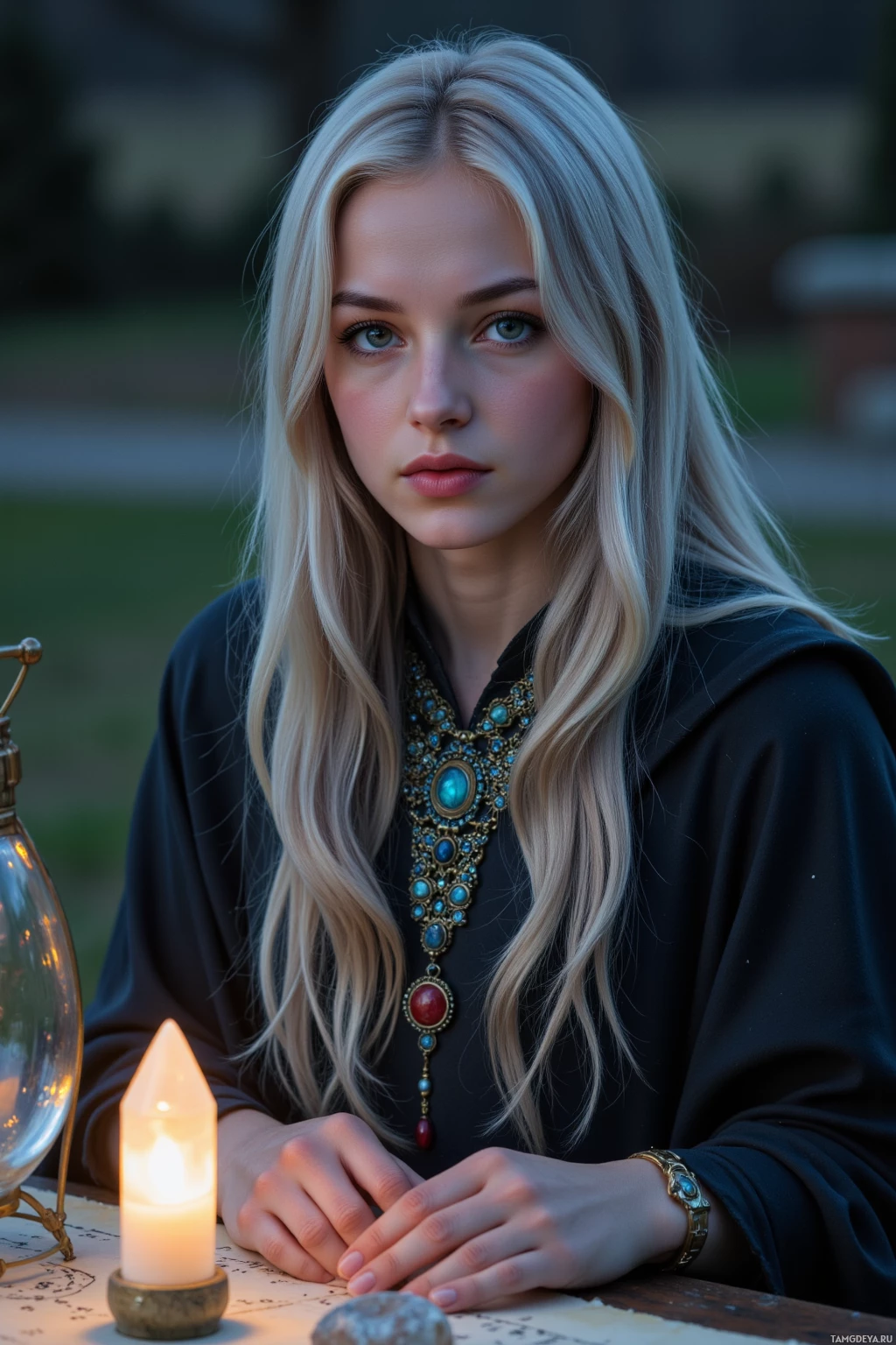 Realistic high quality photo. A serene 28‑year‑old woman with long silver hair, pale glowing skin, soft green eyes, wearing dark flowing robes with intricate mystical jewelry, sits by a flickering lantern at dusk, mapping silver threads of a night sky onto parchment beside a crystal grid, bathed in subtle moonlit glow.