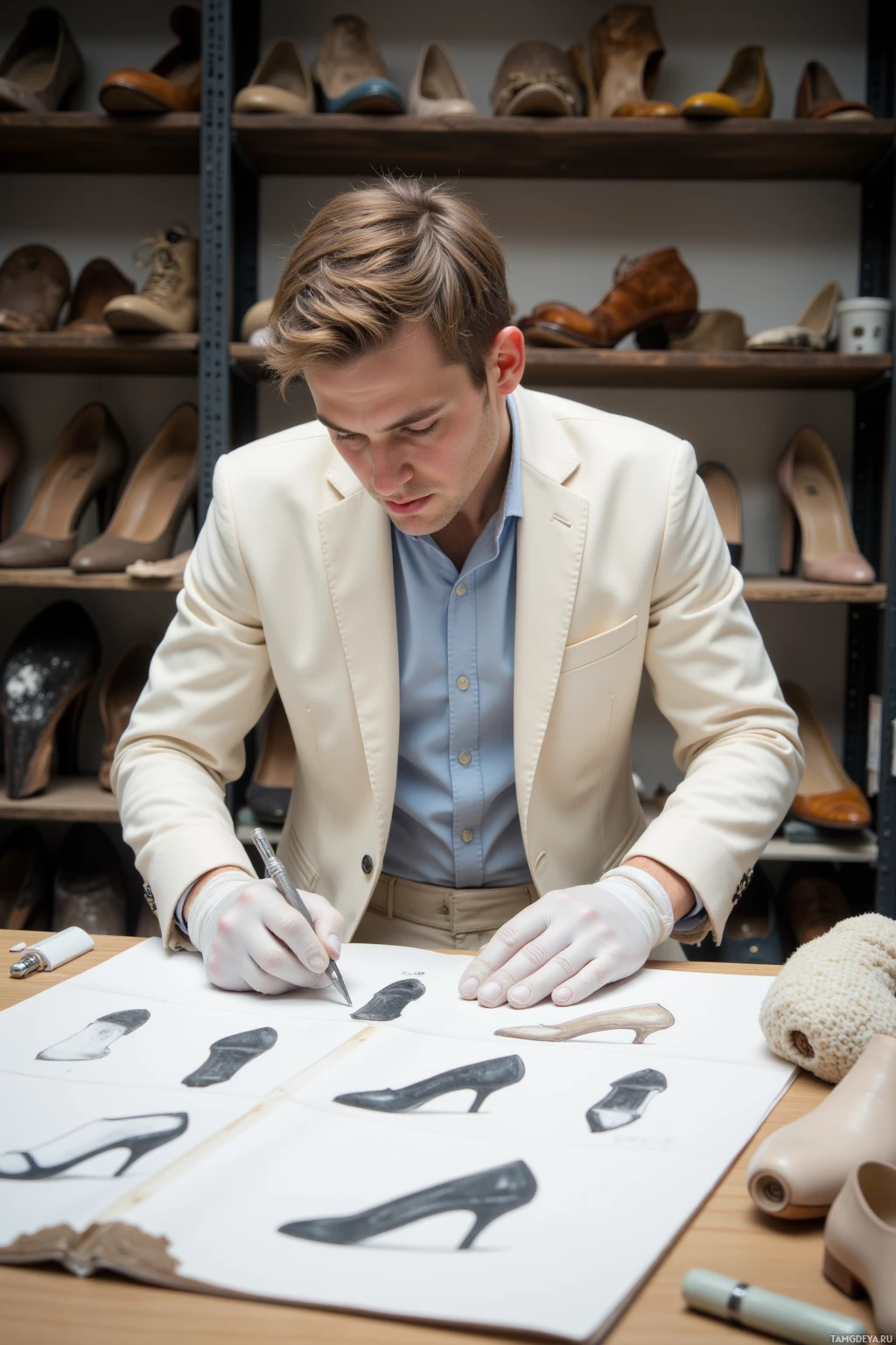 Realistic high quality photo. Male, 34, short light brown hair, green eyes, wearing a tailored ivory suit, pale blue shirt, white work gloves, intensely focused on a sketchbook of perfectly symmetrical shoe silhouettes in a cluttered modern studio with shelves of vintage shoe soles under natural daylight.
