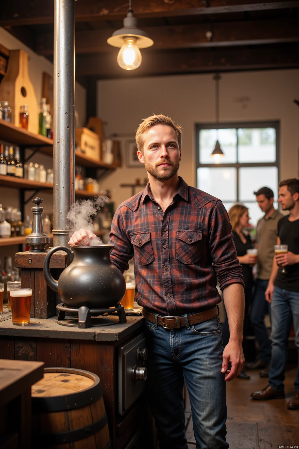 Realistic high quality photo. Man, 33, short blonde hair, trimmed beard, wearing a soft plaid shirt and well-worn jeans, standing at a wooden stove with a steaming kettle at dawn, surrounded by wooden barrels and a small group of patrons holding pint glasses, laughing and chatting in a cozy, rustic brew shop interior illuminated by soft early morning light.
