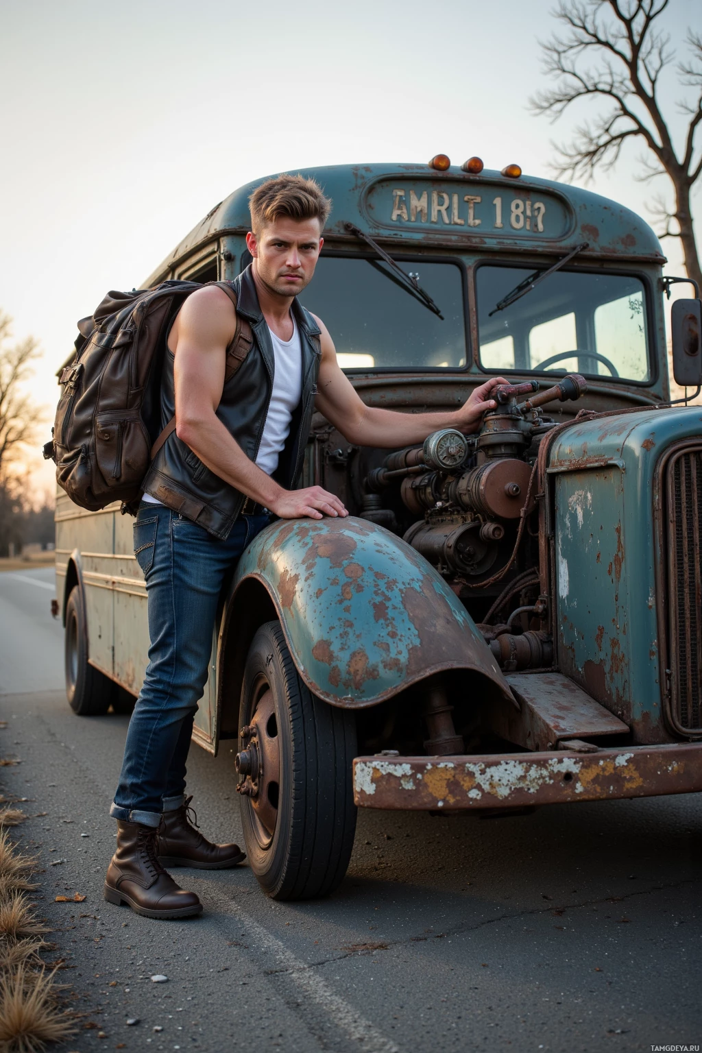 Realistic high quality photo. Male, 32, messy brown undercut hair, blue eyes, black leather vest, white tank top, denim jeans, heavy boots, repairing a weathered abandoned bus chassis on a deserted highway at sunrise, holding a battered carburetor in a rugged backpack, surrounded by cracked pavement and skeletal trees.