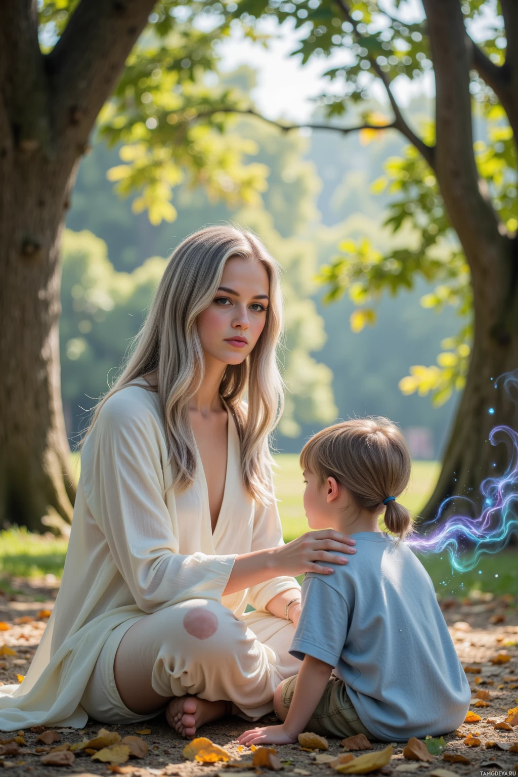 Realistic high quality photo. A serene woman with silvery hair, calm blue eyes, radiant sun‑kissed skin, wearing a flowing light tunic, seated in a quiet morning grove with dappled sunlight filtering through ancient trees, gently guiding a young student beside her while ethereal swirling energies glow around them.