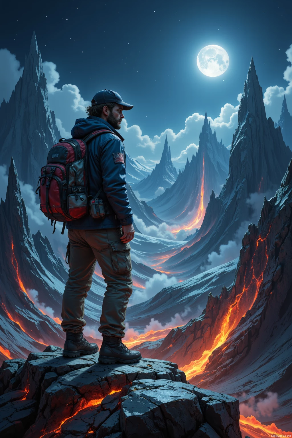 Realistic high quality photo. A rugged 33‑year‑old man with tousled light brown hair and piercing blue eyes, tan skin, wearing a weathered jacket, cargo pants, sturdy hiking boots, baseball cap, and backpack of tools, stands on a scarred Andean ridge at night under moonlight, watching jagged basalt vents glimmer with shards of silver.
