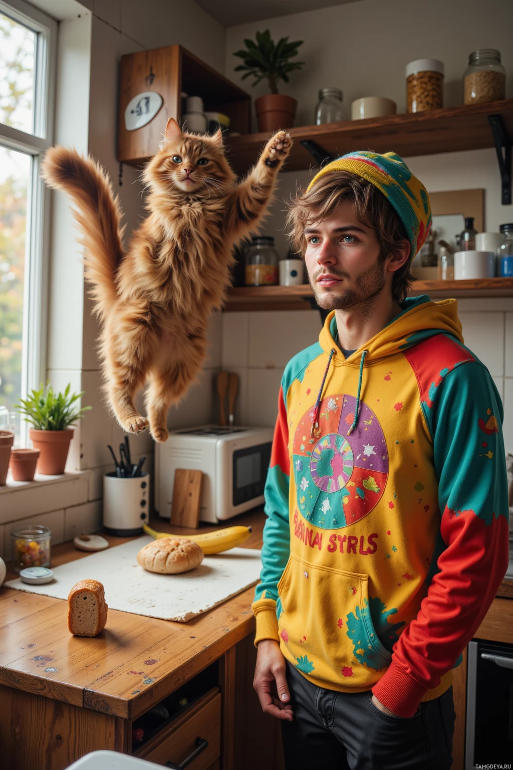 Realistic high quality photo. A 21‑year‑old man with messy brown hair, bright blue eyes, in a colorful hoodie and matching cap, standing in a cluttered kitchen with a toaster, sliced banana, and bread on the counter, humming as a fluffy cat leaps onto his wooden desk, turning it into a makeshift trampoline, with a lively, playful vibe.
