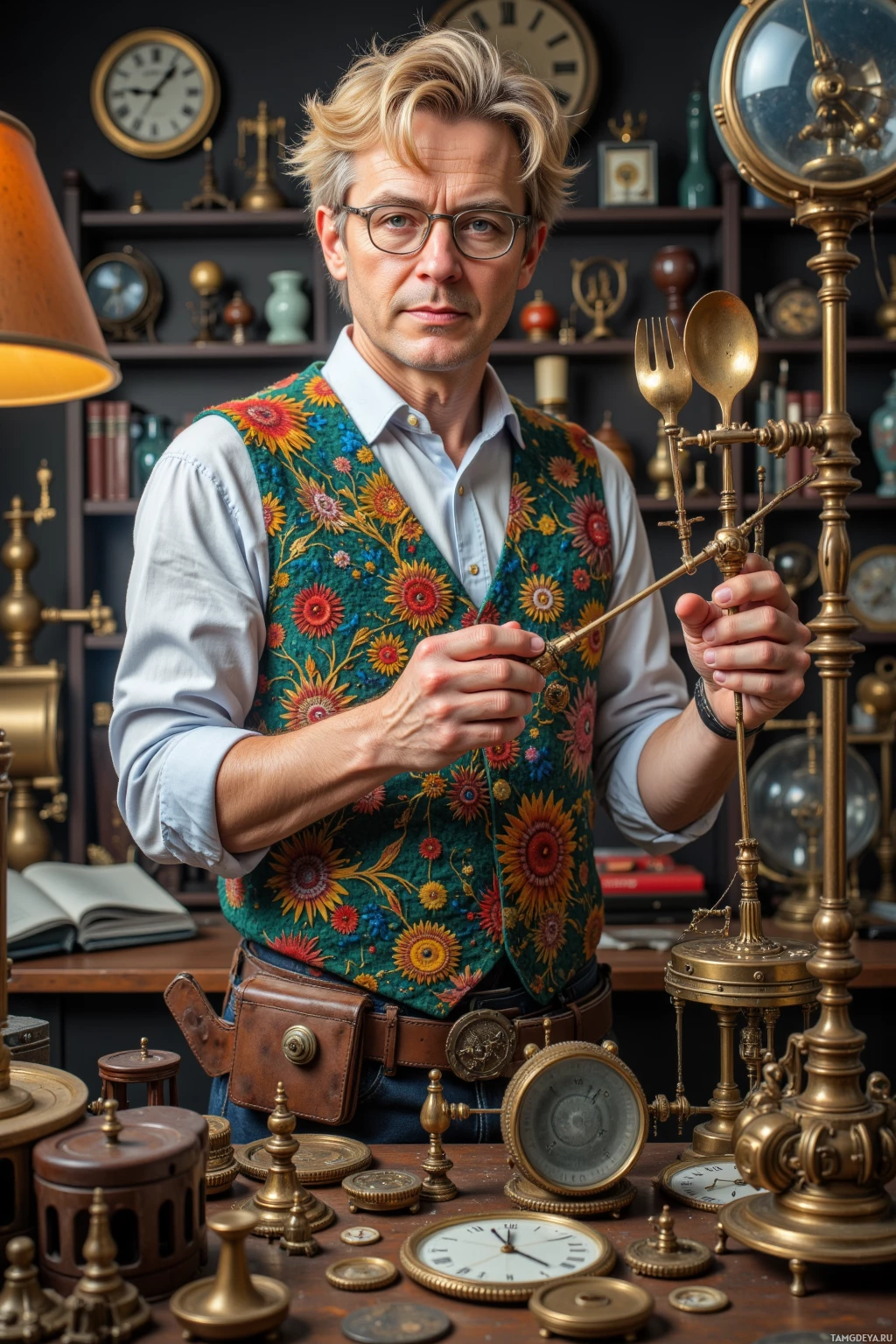 Realistic high quality photo. 45‑year‑old male inventor with messy blonde hair and bright blue eyes, wearing a colorful patterned vest, round spectacles and gadget belt, stands tinkering with a kitchen utensil kinetic sculpture amid a maze of brass and plastic gears in his living‑room lab, wall clock turned decorative prop, surrounded by whimsical mechanical inventions.