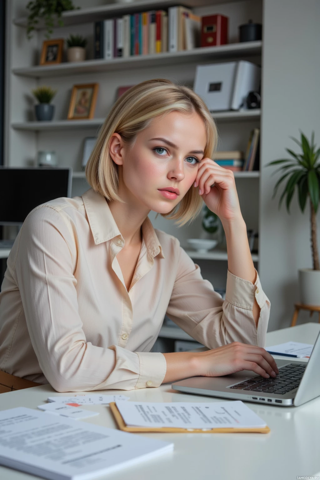 Realistic high quality photo. A 26‑year‑old woman with short blonde hair, bright blue eyes, fair glowing skin, prominent cheekbones and full lips in a high‑necked blouse and fitted skirt sits at her tidy modern office desk mid‑afternoon, hunched over a laptop showing a poorly punctuated email while she frowns with meticulous focus, surrounded by organized papers and a neat bookshelf.