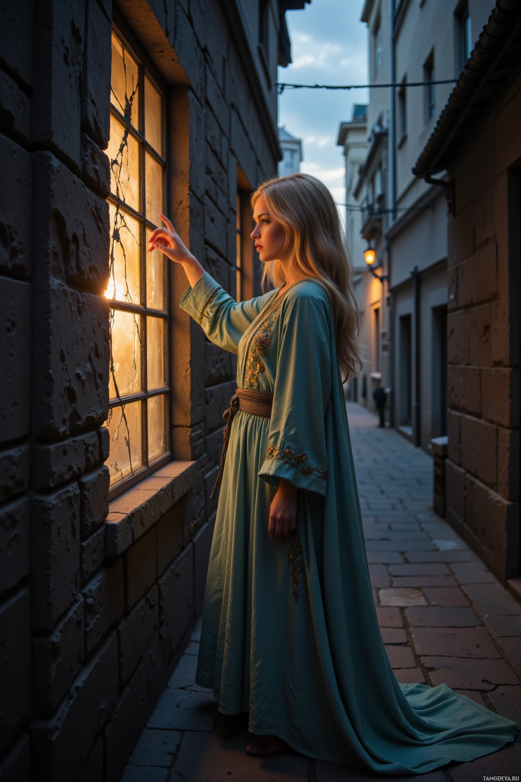 Realistic high quality photo. Female, 24, long blonde hair, green eyes, pale skin, wearing flowing embroidered robes with intricate patterns, standing in a dim alley at twilight, staring at a cracked window that refracts light into a lattice of shadows, wind swirling through the cracks, the city hum echoing in the background.