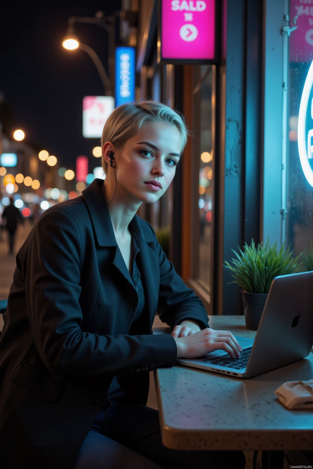 Realistic high quality photo. A 25‑year‑old woman with short silver hair, sharp blue eyes, wearing a minimalist black jacket and sleek earphones, sits alone at a small café table late at night, laptop open, her face illuminated by the glow of a bright neon sign while the city hum surrounds her.