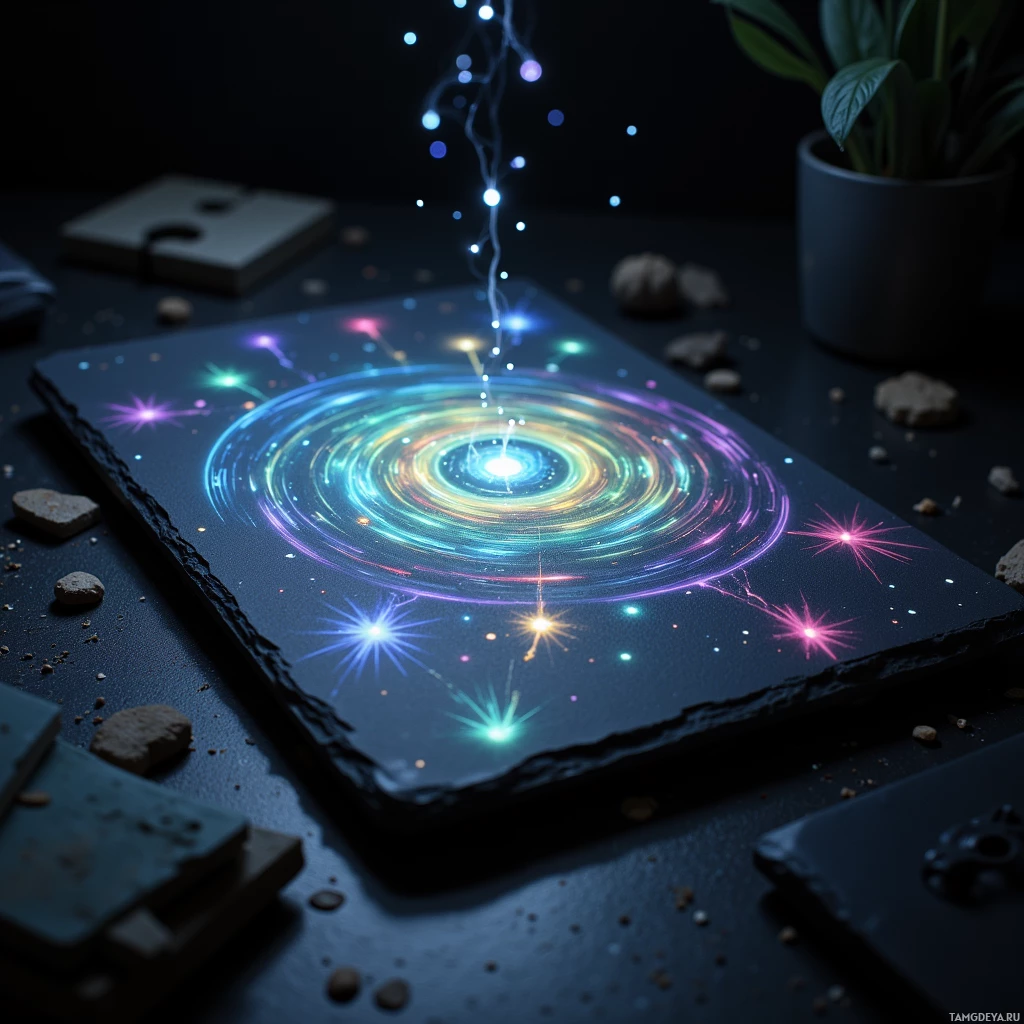 Semi-abstract image with many light, that is suitable for the post:  Matte‑black slate tablet with a smooth unadorned body and faint engraved lines hinting at hidden mechanics, projecting swirling color‑coded patterns across its surface like miniature storms of emotion.