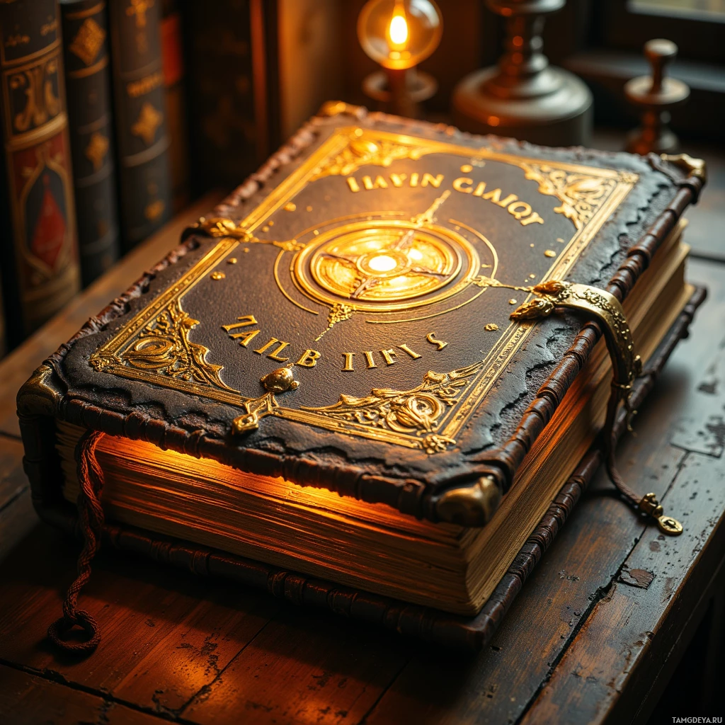 Semi-abstract image with many light, that is suitable for the post:  A 1492 first edition of Geoffrey Chaucer’s Canterbury Tales bound in reclaimed Iberian leather with a faint Latin cross etched into the cover, revealing a hidden brass hinge that opens to a brass‑fitted microfilm reel, a discreet low‑profile solar LED, and aged parchment pages with original ink marginalia, all in warm brown leather, muted gold accents, and subtle yellow illumination.