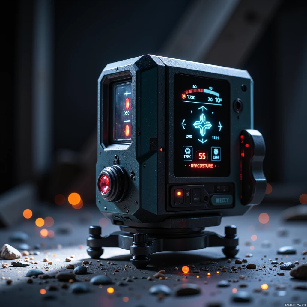 Semi-abstract image with many light, that is suitable for the post:  Matte black laser level with a solid chassis, a sleek integrated touchscreen displaying crisp digital tilt and level readouts, glowing calibration icons, subtle LED illumination and polished metal accents.