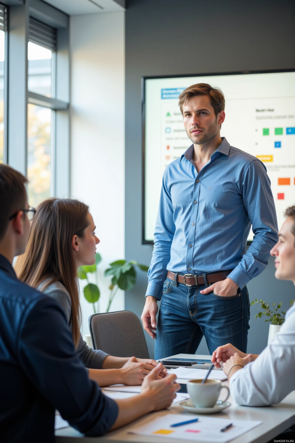 Realistic high quality photo. A modern office meeting room bathed in morning light, where a 28‑year‑old male project manager with brown hair, blue eyes, pale complexion wearing a casual blue button‑down shirt and jeans stands beside a wall‑mounted screen showing a clean backlog list and an 80% complete server migration checklist while his teammates smile at the presentation.