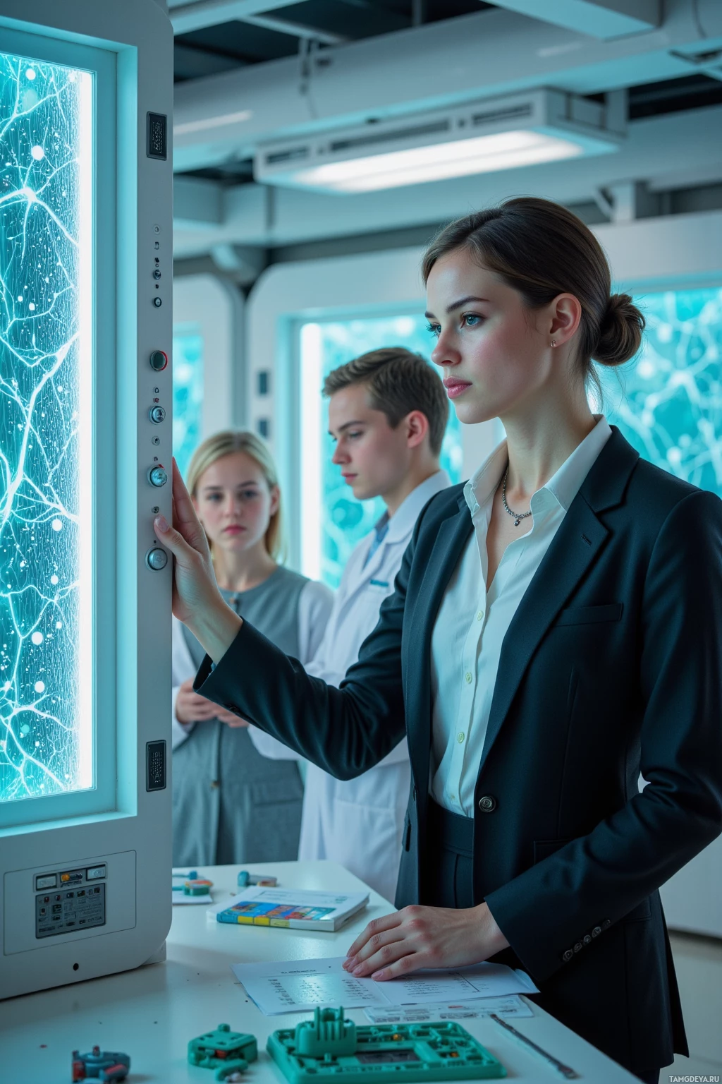 Realistic high quality photo. A 34-year-old woman with sleek black bun hair, bright green eyes, porcelain skin, wearing a tailored dark suit, crisp white blouse, statement necklace and high heels stands in a late‑afternoon sterile quantum research lab surrounded by glowing holographic lattice panels, calmly adjusting calibration knobs on a glowing prototype while nearby children build toy rocket kits.