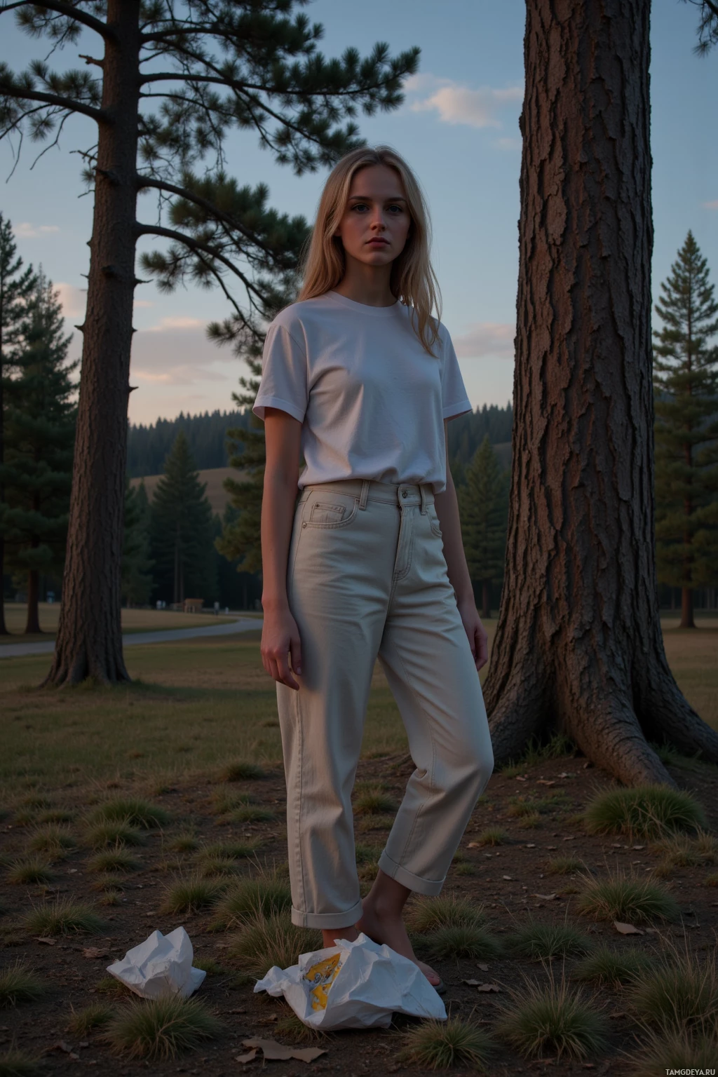 Realistic high quality photo. 21‑year‑old woman with long loose blonde waves and clear blue eyes, pale skin, wearing an eco‑friendly cotton t‑shirt and linen pants, walks through a forest reserve at dusk, pauses to examine discarded wrappers under an ancient oak beside towering cedar trees, her gentle posture reflecting exhaustion yet quiet hope amid the evening hush.