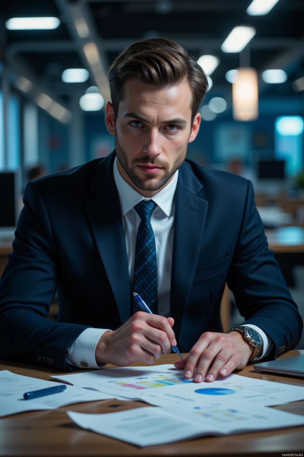 Realistic high quality photo. A 35‑year‑old tall man with neatly styled light brown hair and piercing blue eyes, wearing a perfectly tailored dark suit and tie, sits at a modern office desk late evening as flickering fluorescent lights cast a sharp glow, concentrating on a notepad sketch while surrounded by open strategy documents and a laptop, embodying decisive leadership.