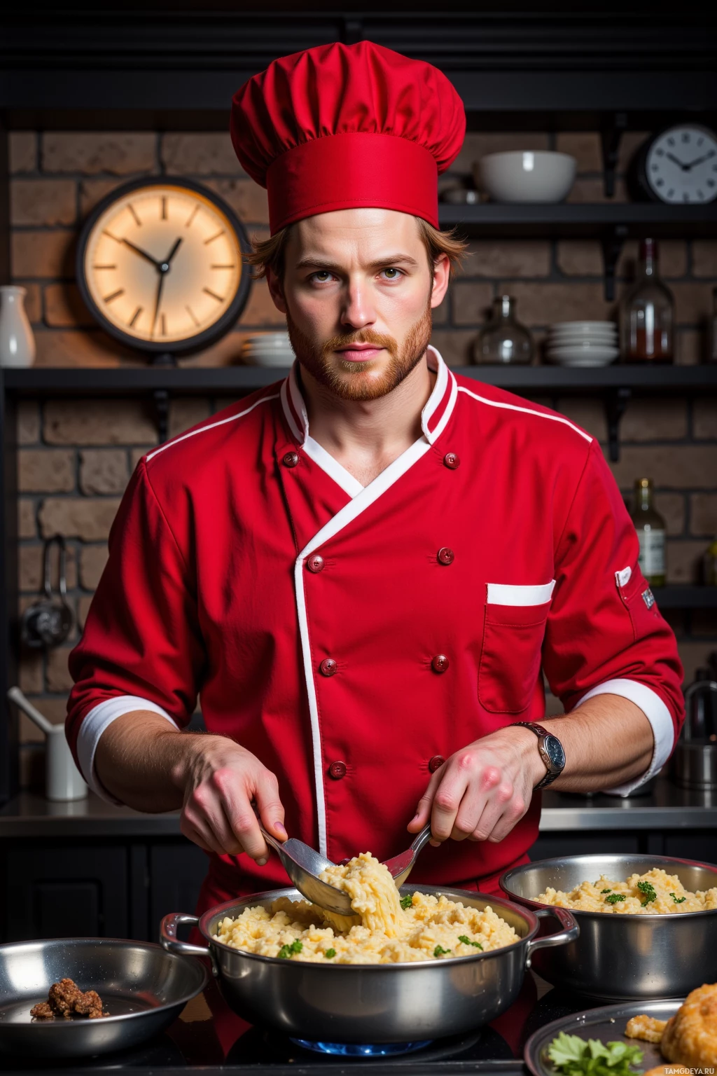 Realistic high quality photo. A 32‑year‑old fair‑skinned man with messy bright red hair, burning orange eyes, strong jawline, wearing a bold red chef’s uniform with white trim and matching hat, stands in a modern kitchen studio with a stove, timer clock, and pans, dissecting a pot of truffle risotto amid theatrical lighting, focused and determined.