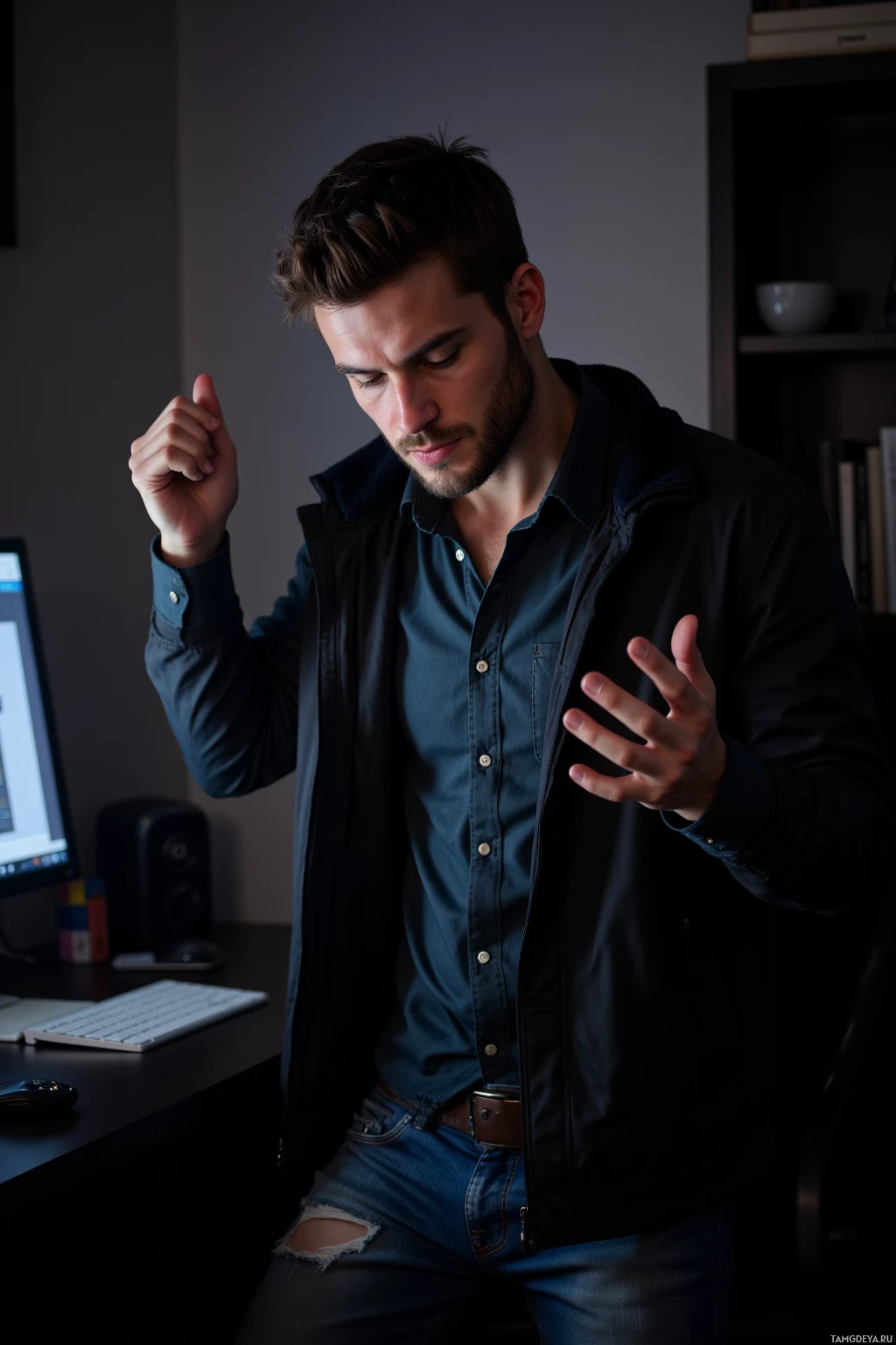Realistic high quality photo. Man, 28, dark short hair, thoughtful brown eyes, calm expression, wearing worn jeans and a casual black jacket, dancing silently in a dimly lit home office while a glowing monitor blinks at him as he celebrates solving a database deadlock, late evening.