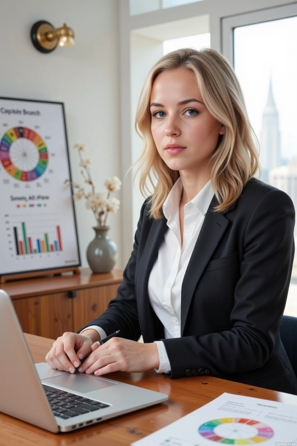 Realistic high quality photo. 30‑year‑old woman, blonde curly hair, blue eyes, wearing a tailored white blouse under a fitted black blazer and high‑waisted trousers, seated at a polished wooden table hosting a founder brunch, holding a pen while live‑editing a pitch deck on a laptop, a roulette‑wheel‑styled cap table chart displayed on a sideboard, bright morning light from large windows illuminating a modern office interior.