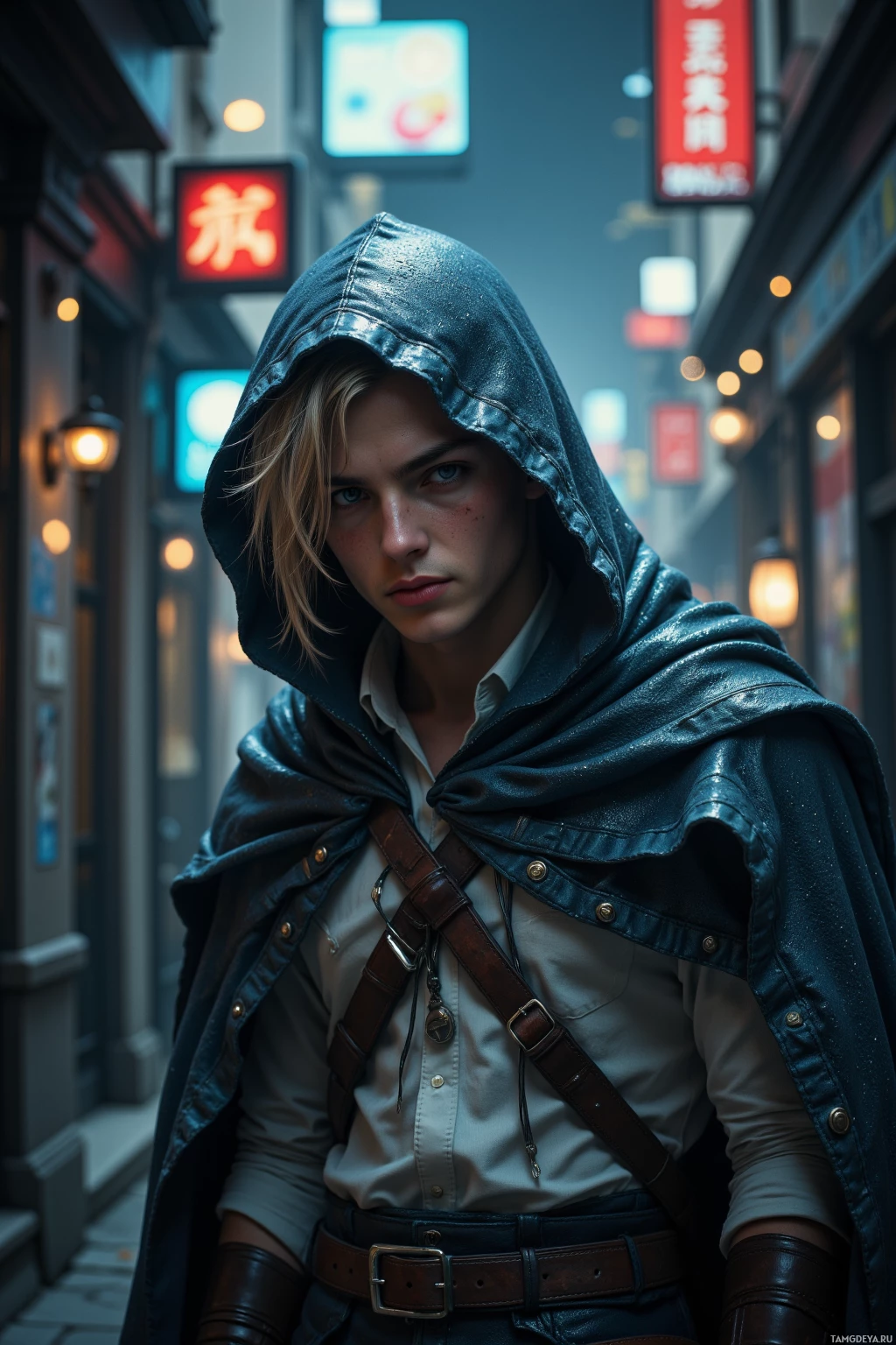 Realistic high quality photo. A stealthy young man, 20, with short blonde hair tied back in a ponytail and piercing blue eyes hidden beneath a hooded pixelated cloak that blends into the nighttime urban alley, wearing a simple white shirt, leather belt, dagger at his side, silently weaving through flickering billboard shadows as electric signage outlines an invisible map over city streets.