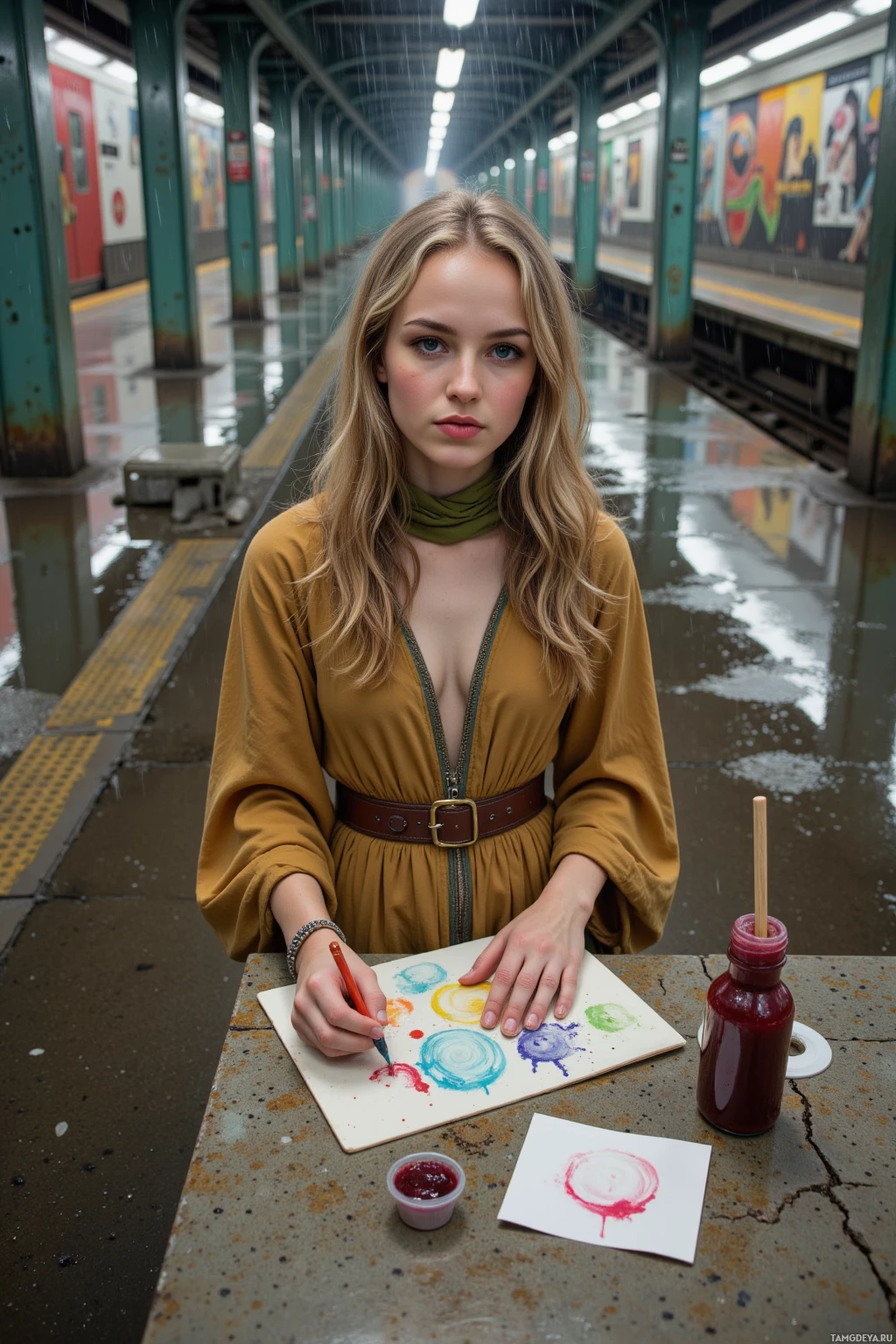 Realistic high quality photo. 28‑year‑old woman with pale skin, long curly blonde hair, bright green eyes, wearing a loose embroidered earthy‑tone dress and flowing scarf, standing in a rain‑slick subway station, painting beet juice on a cracked concrete bench while sketching designs in puddles, with concrete walls and metal rails reflected in the puddles and distant subway trains moving behind her.