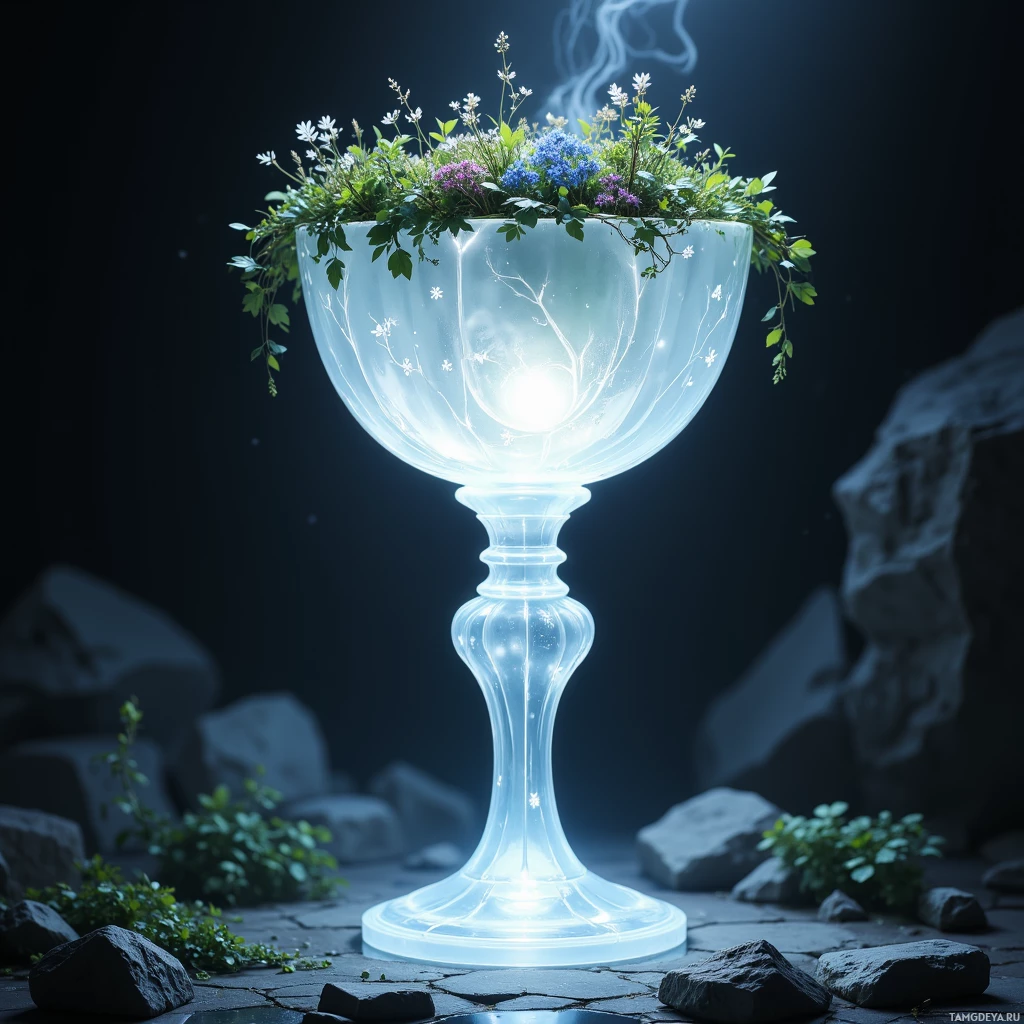 Semi-abstract image with many light, that is suitable for the post:  Moonstone chalice of translucent pale crystal, smooth surface etched with delicate vine motifs glowing faintly, interior holding a miniature garden of silver‑leafed herbs and gently releasing wisps of mist.