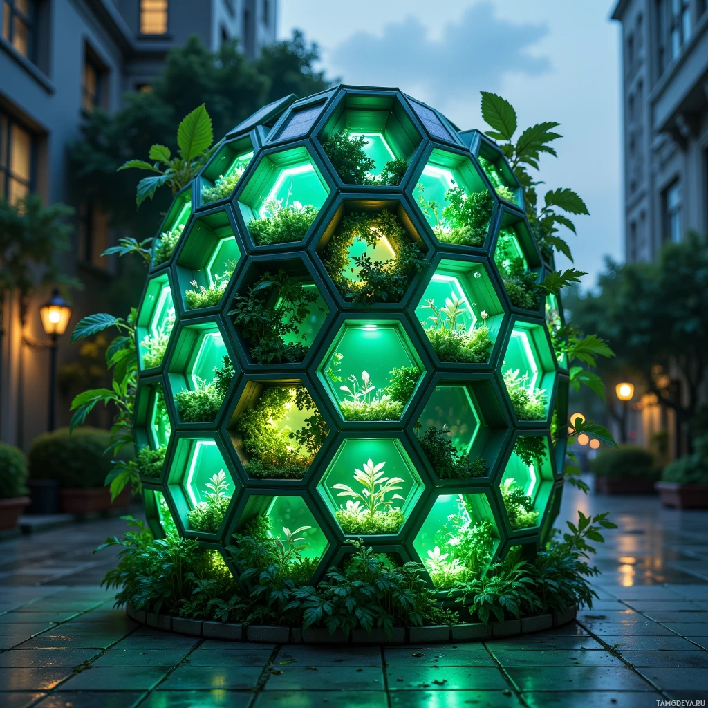 Semi-abstract image with many light, that is suitable for the post:  Sleek hexagonal modular vertical garden kit made from recycled plastic, translucent panels glowing green at night, a tiny speaker, solar panel on the roof, and a small integrated AI sensor.