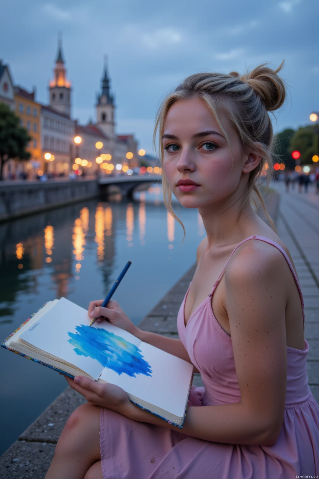 Realistic high quality photo. Female, 27, soft blonde curls loosely tied in a bun, blue eyes, radiant pale skin, wearing an elegant pastel dress, sits on a winding riverbank path at twilight, sketchbook open, a bold cobalt splash on the page, watching the city glow reflected on the water, exuding calm certainty and curiosity.