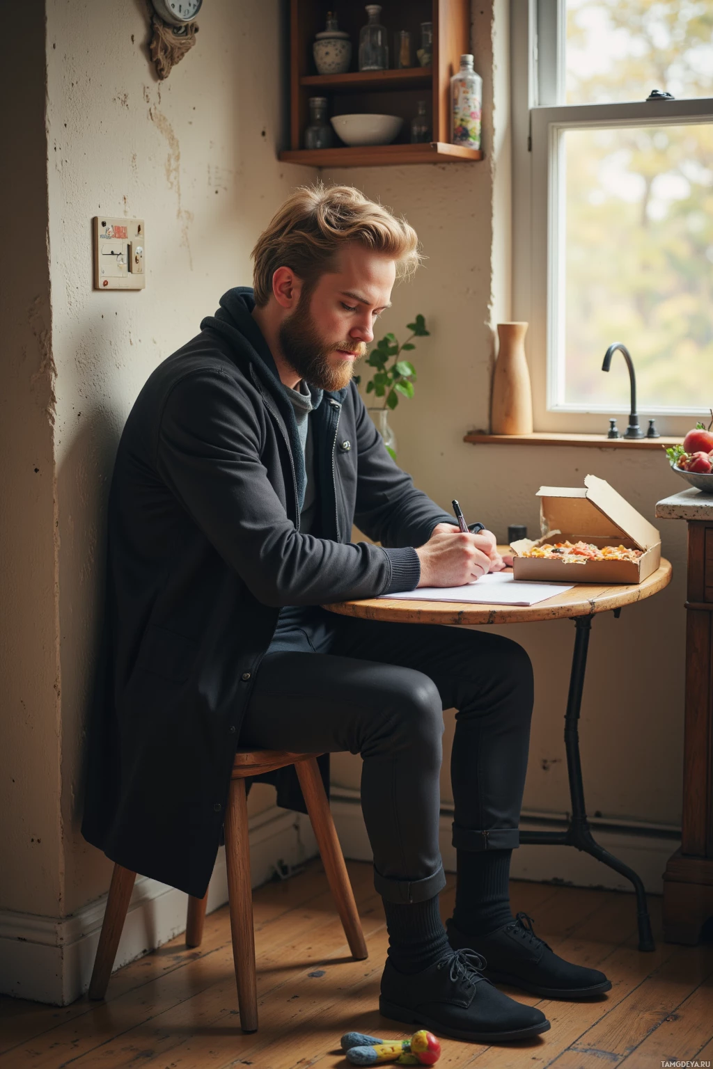Realistic high quality photo. Contemplative blonde-bearded writer in minimalist clothing, seated at a small kitchen table, staring at a mismatched sock on the floor, with an open pizza box and a bowl of salad on the table, holding a pen, surrounded by a quiet home kitchen with soft afternoon lighting.