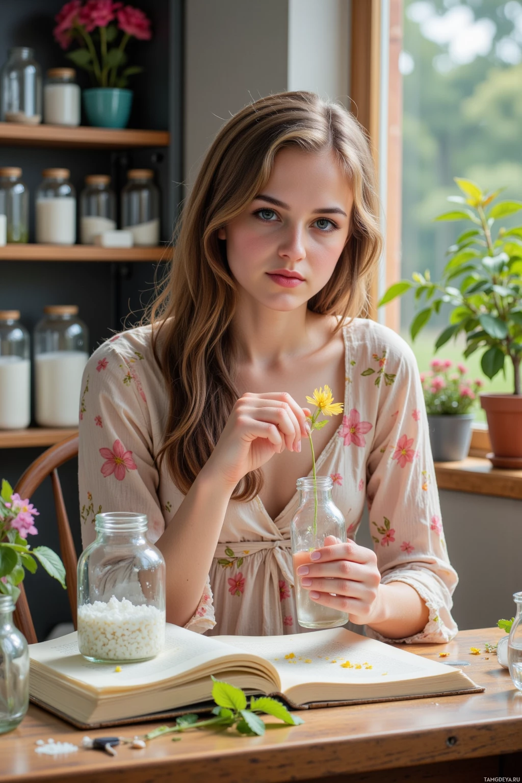Realistic high quality photo. A 26‑year‑old woman with long wavy brown hair, blue eyes, olive skin, wearing a pastel flowing dress patterned with delicate blooms sits at a wooden desk in a sunlit home lab, dissecting a jasmine blossom under glass jars that turn droplets into tiny suns, an open ledger beside her holding a stray seed, surrounded by potted herbs, calm and focused.