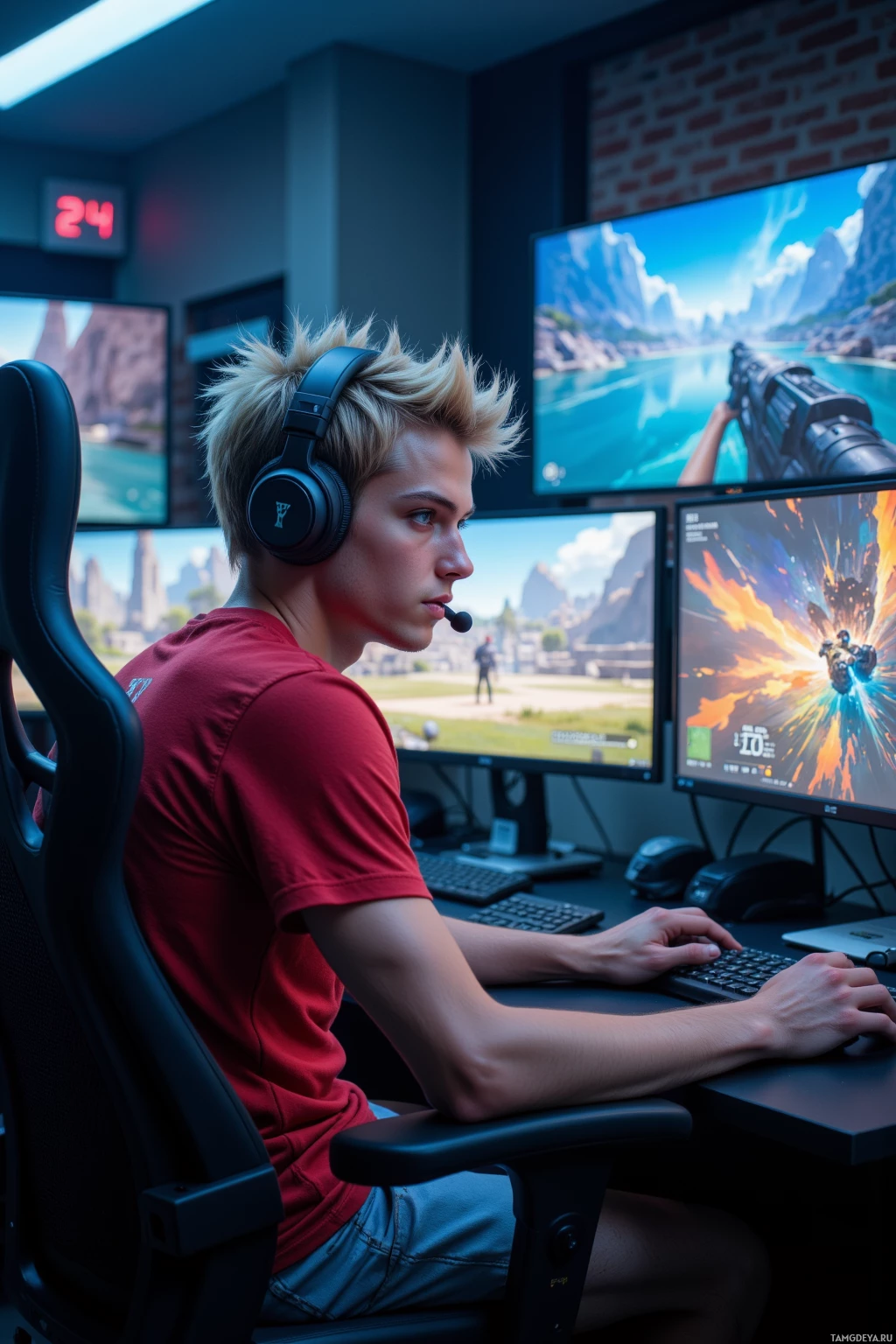 Realistic high quality photo. Lean 23‑year‑old male gamer with messy spiky blonde hair, pale skin, blue eyes, red shirt and casual sporty outfit, intensely focused on a multi‑monitor replay room that feels like a quiet gym, analyzing gameplay footage with headset on and a faint scoreboard glow in the background.
