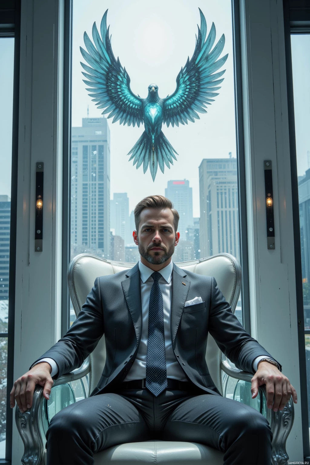 Realistic high quality photo. A 38‑year‑old man with slicked-back light brown hair, sharp tailored gray suit and tie, green eyes, clean‑shaven face sits on a glass throne‑like office chair in a high‑rise hallway overlooking a frosty urban skyline, orchestrating a boardroom coup while a hovering holographic bird delivers Morse‑coded memos and motivational speeches, his posture confident yet tense, exuding ruthless pragmatism and theatrical flair.