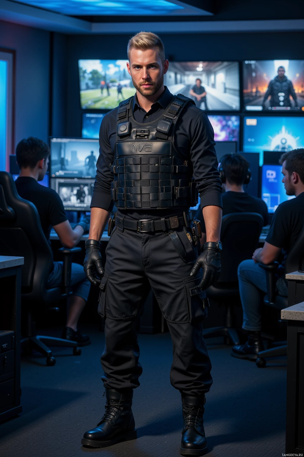 Realistic high quality photo. A 29-year-old man with a short blonde buzzcut and clear blue eyes, wearing a sleek tactical vest over a fitted dark long-sleeve shirt and sturdy combat boots, stands in a dimly lit gaming room with several monitors displaying a tactical shooter map, lecturing teammates about line of sight while they mute the chat, snickering at lag and showcasing his precise trigger finger.