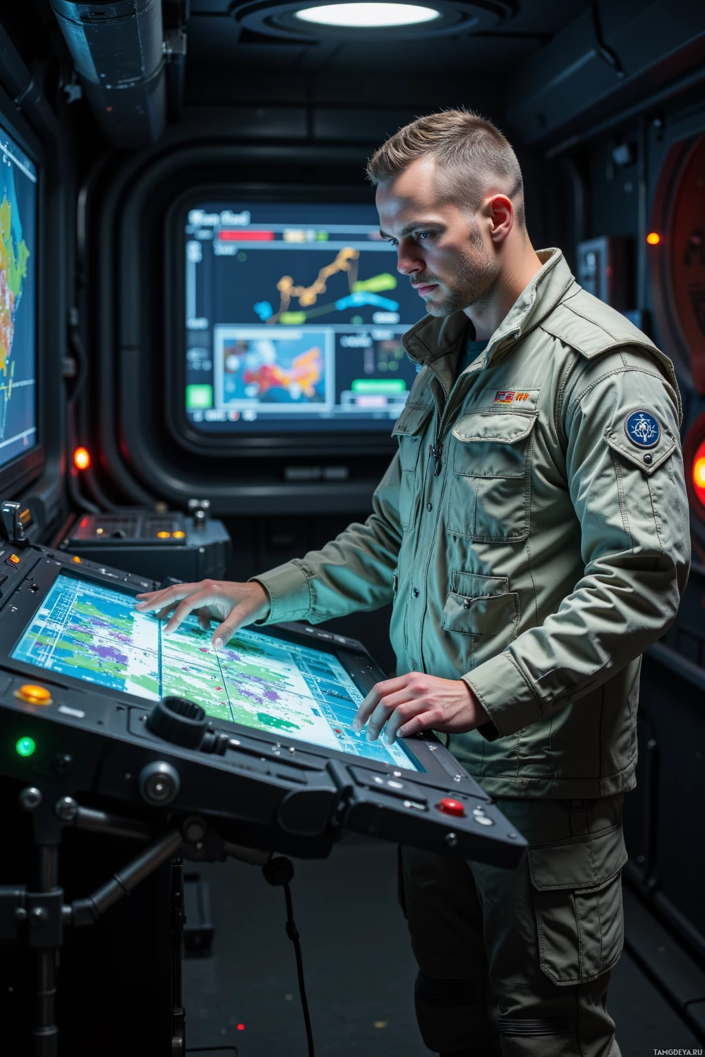 Realistic high quality photo. 39‑year‑old man with buzzed light brown hair and blue eyes, wearing light military fatigues and a pale tactical vest, polished boots gleaming, standing in a dimly lit command bunker after a blackout, cross‑referencing a holographic color‑coded risk map of the eastern frontier on a manual hand‑cranked console, focused and precise, sci‑fi environment.